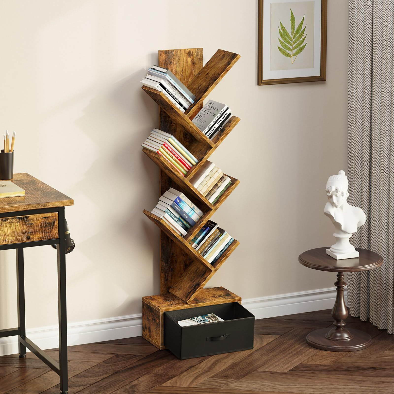 Rolanstar Bookshelf With Drawer, 7 Shelf Tree Bookshelf, Wooden Bookshelves Storage Rack For Cds/Movies/Books, Rustic Brown Bookcase, Utility Organizer Shelves For Living Room, Bedroom
