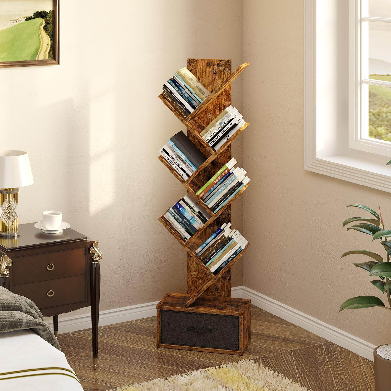 Rolanstar Bookshelf With Drawer, 7 Shelf Tree Bookshelf, Wooden Bookshelves Storage Rack For Cds/Movies/Books, Rustic Brown Bookcase, Utility Organizer Shelves For Living Room, Bedroom