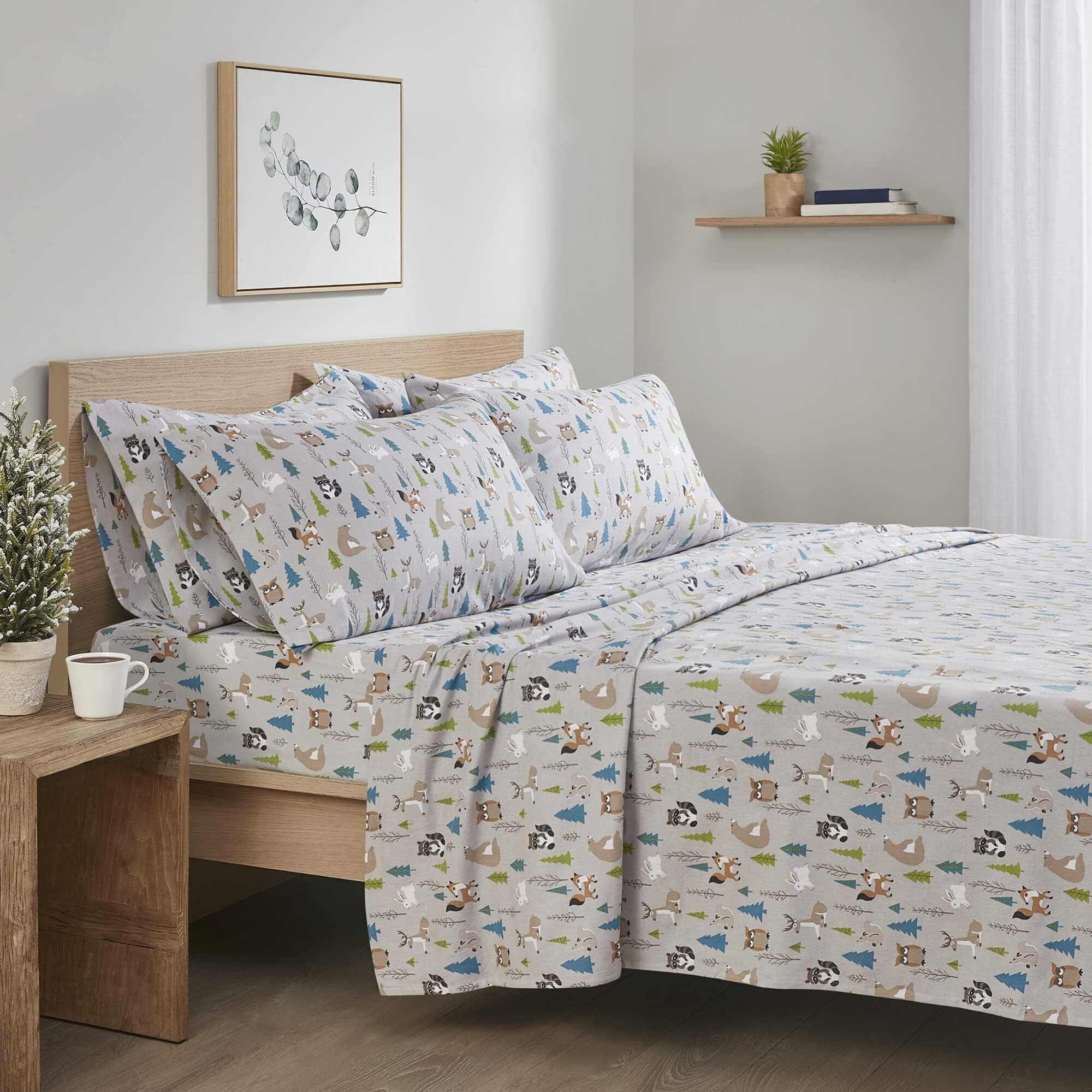 Comfort Spaces Cotton Flannel Breathable Warm, Deep Pocket Sheets With Pillow Case Bedding, Queen, Multi Forest Animals 4 Piece