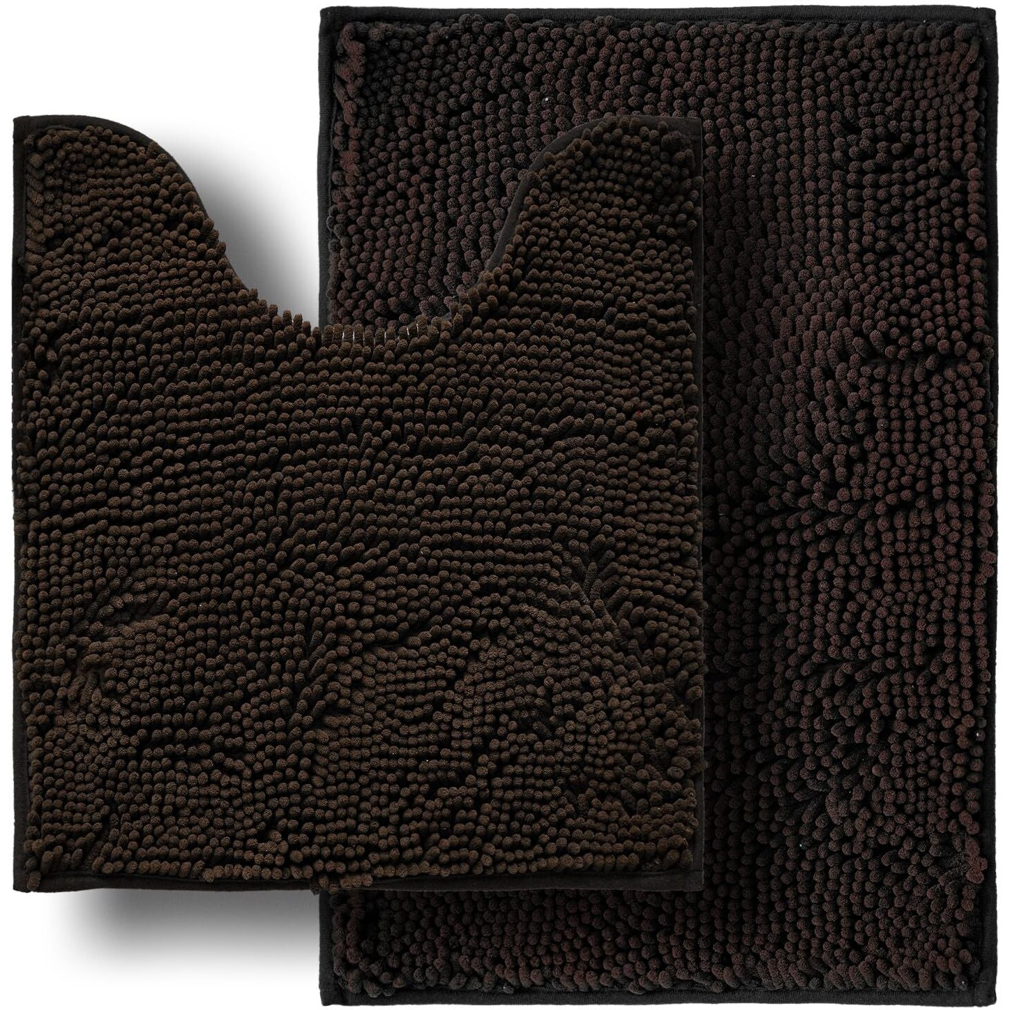 Boankodu Bathroom Rugs Sets 2 Piece, Ultra Soft Absorbent Bath Mat Chenille Bathroom Rug, Antiskid Bath Mats Washable Bathroom Mat (20X32 Inch + 20X20Inch U-Shaped) Coffee
