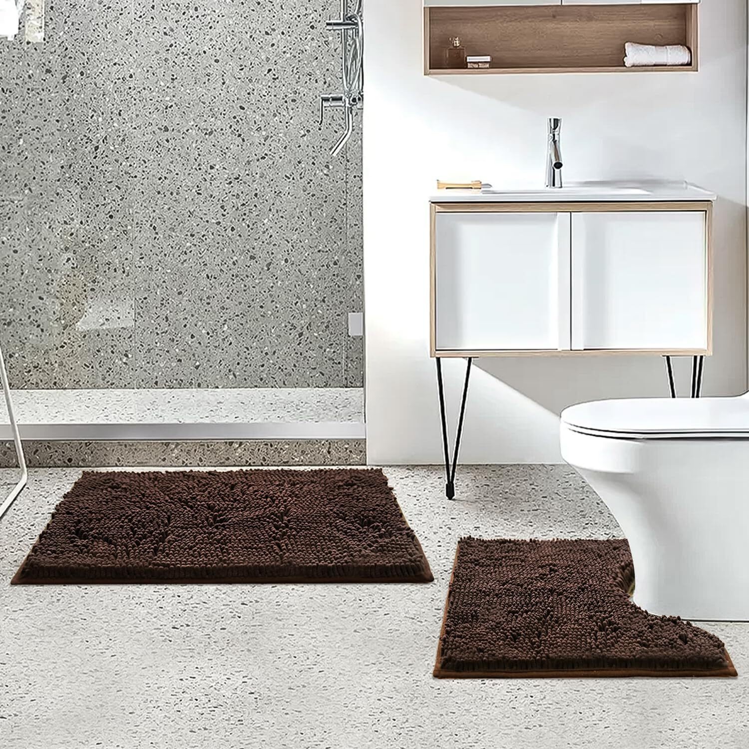 Boankodu Bathroom Rugs Sets 2 Piece, Ultra Soft Absorbent Bath Mat Chenille Bathroom Rug, Antiskid Bath Mats Washable Bathroom Mat (20X32 Inch + 20X20Inch U-Shaped) Coffee