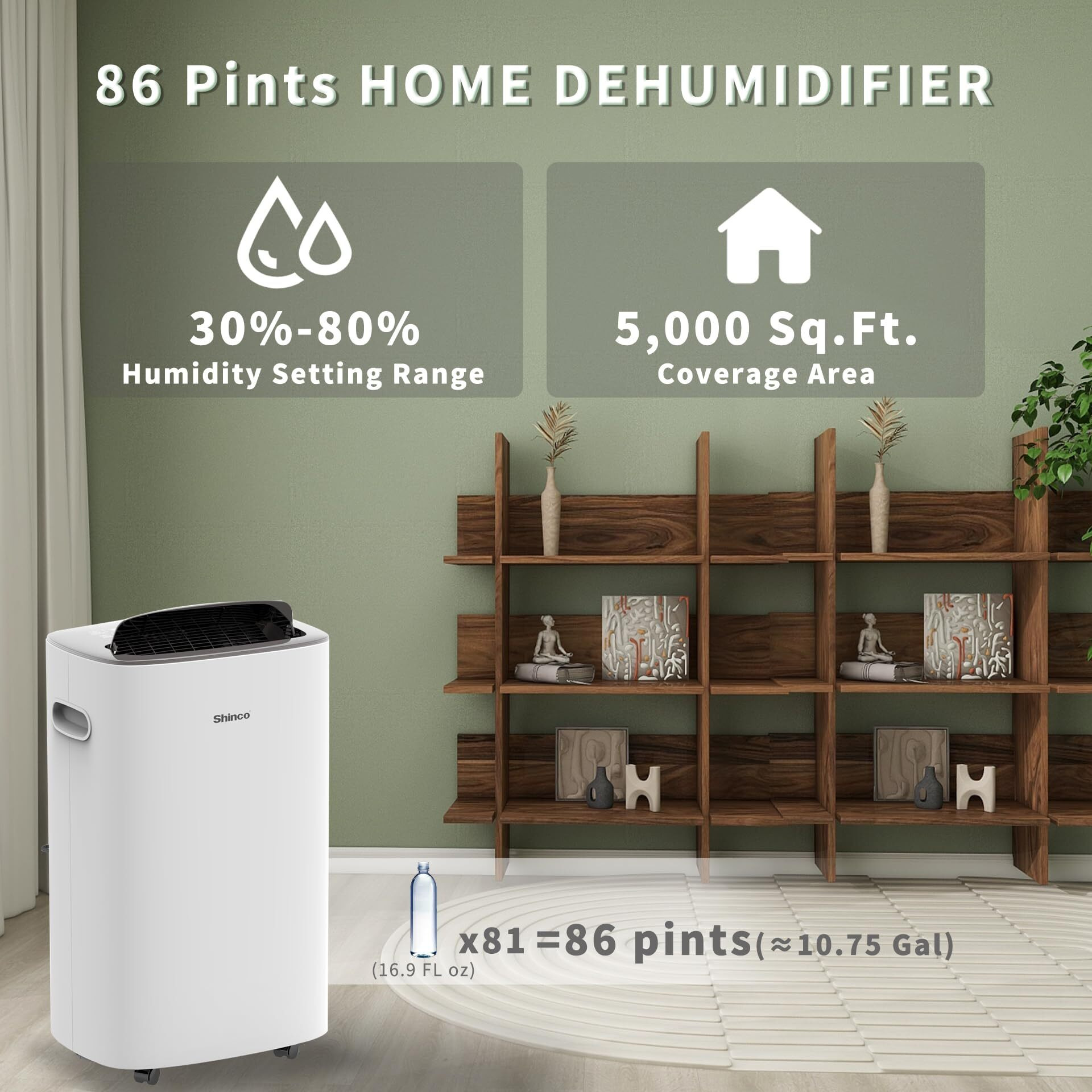 Shinco 86 Pints Dehumidifier For Home And Basements, 5000 Sq.Ft Dehumidifier With Drain Hose, Auto Or Manual Drainage, Auto Defrost, Quietly Remove Moisture, Intelligent Humidity Control, 24Hr Timer