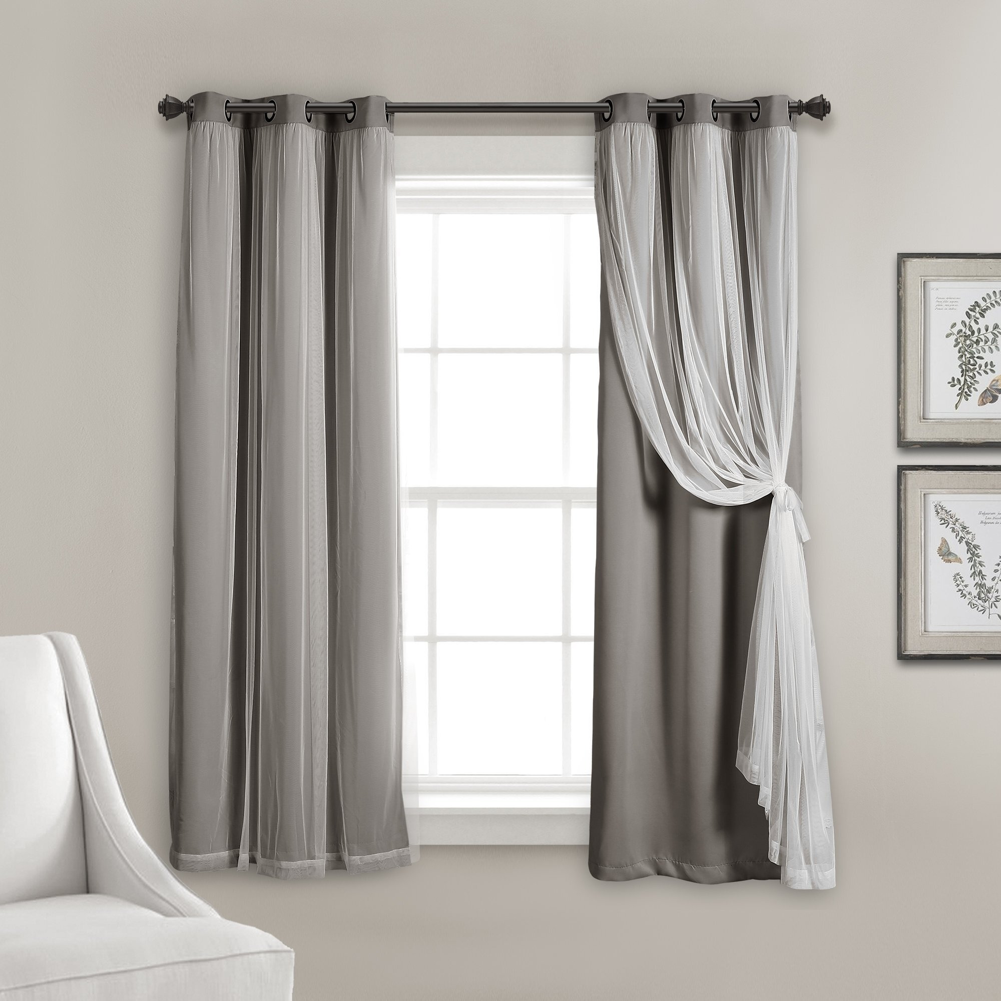 Lush Decor Sheer Grommet Curtains With Insulated Blackout Lining, Window Curtain Panels, Pair, 38"&quotW X 63"&quotL, Dark Gray - Curtain With Sheer Overlay, Elegant Blackout Curtains For Bedroom