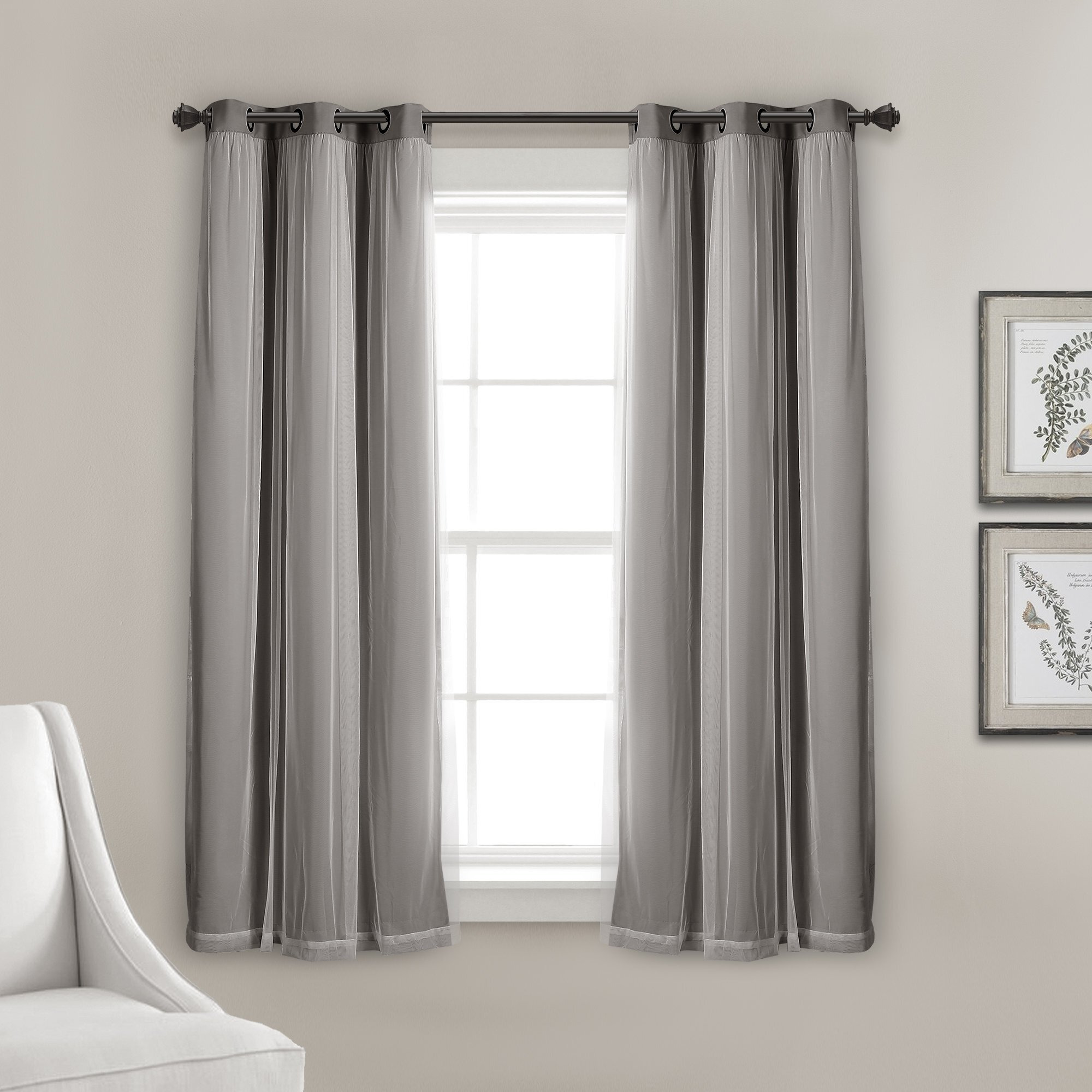 Lush Decor Sheer Grommet Curtains With Insulated Blackout Lining, Window Curtain Panels, Pair, 38"&quotW X 63"&quotL, Dark Gray - Curtain With Sheer Overlay, Elegant Blackout Curtains For Bedroom