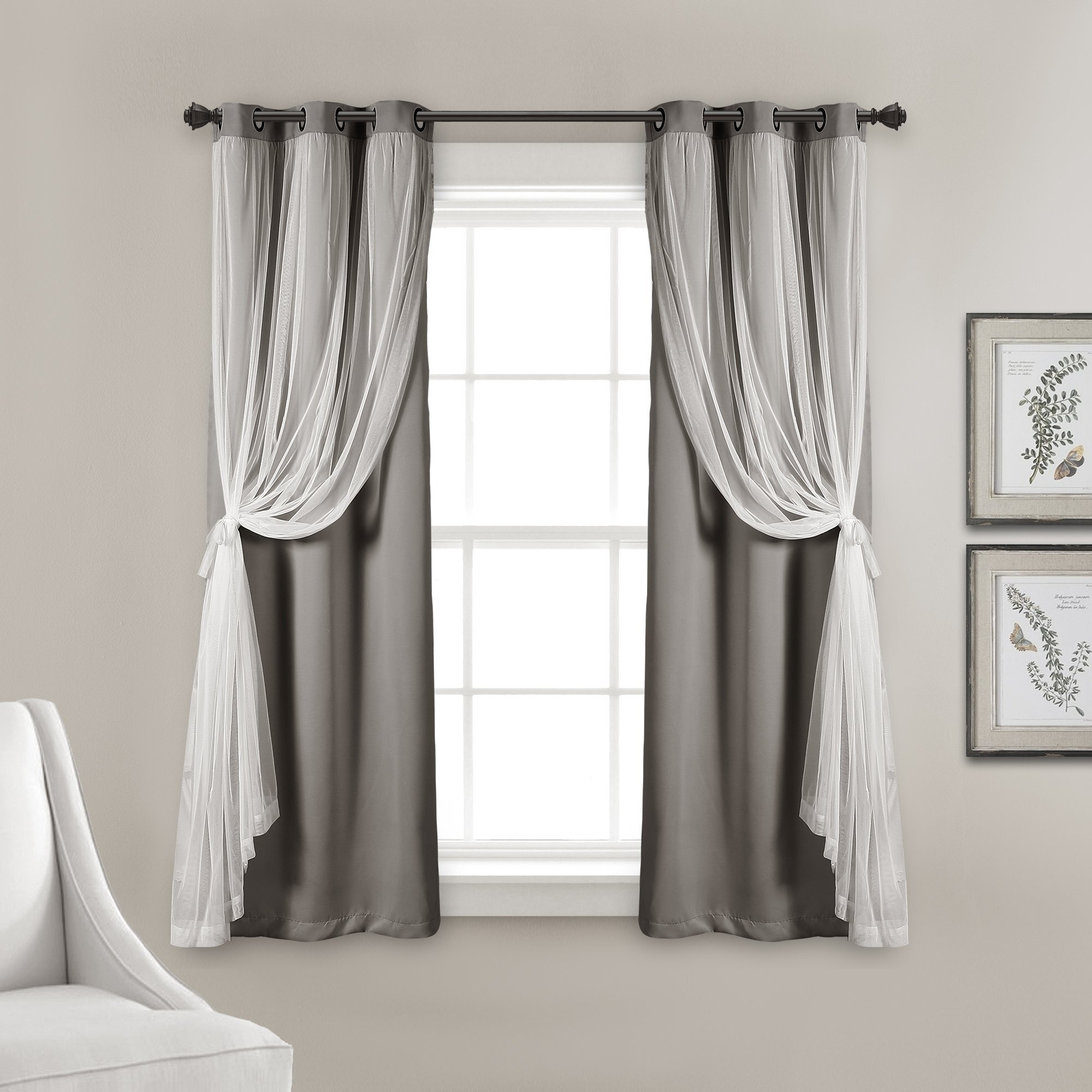 Lush Decor Sheer Grommet Curtains With Insulated Blackout Lining, Window Curtain Panels, Pair, 38"&quotW X 63"&quotL, Dark Gray - Curtain With Sheer Overlay, Elegant Blackout Curtains For Bedroom