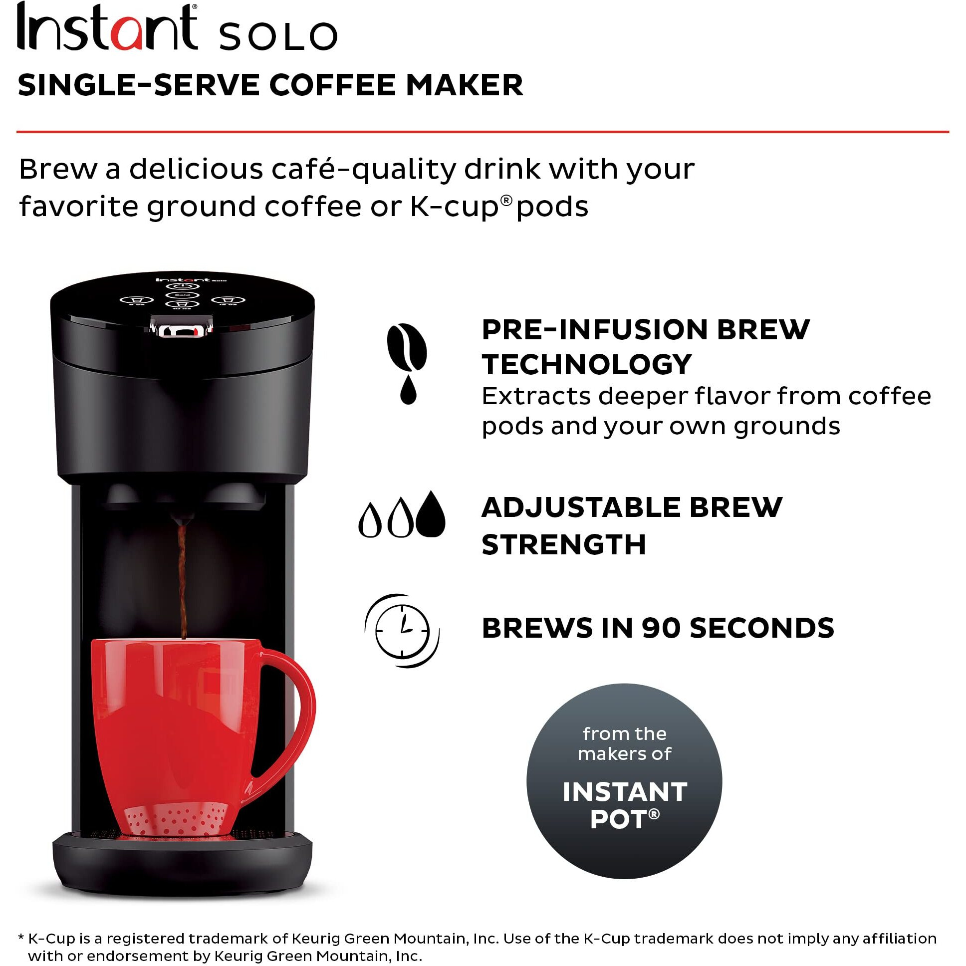 Instant Solo Single Serve Coffee Maker, From The Makers Of Pot, K-Cup Pod Compatible Brewer, Includes Reusable & Bold Setting, Brew 8 To 12Oz., 40Oz. Water Reservoir, Black