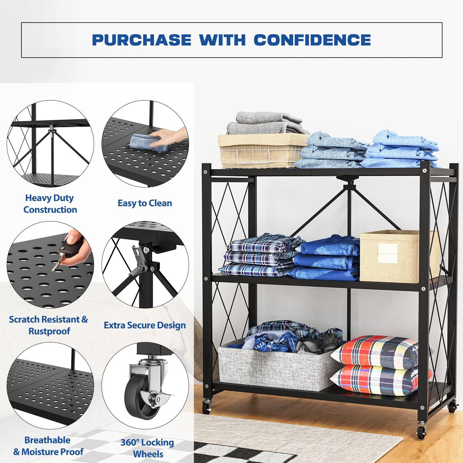 Lifetime Home 3-Tier Foldable Storage Shelf With Wheels - Metal Collapsible Shelving Unit Display, Rolling Cart For Books Kitchen Storage Shelves, Pantry & Closet Organizer, Office Room Decor - Black