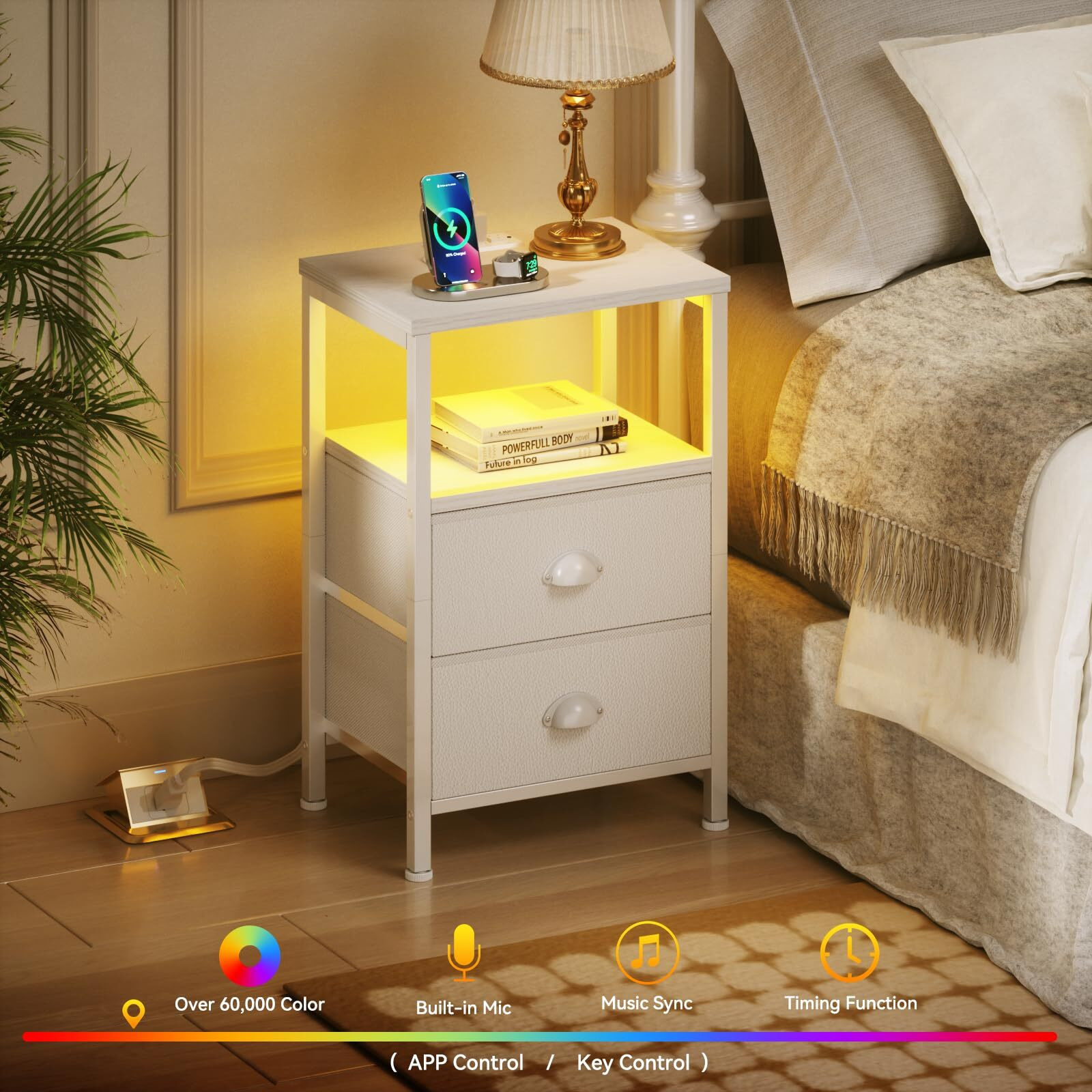 Furologee Nightstands Set Of 2, End Tables Set Of 2 With Charging Station And Led Lights, White Night Stands With 2 Fabric Drawers, Bedside Tables For Living Room/Bedroom