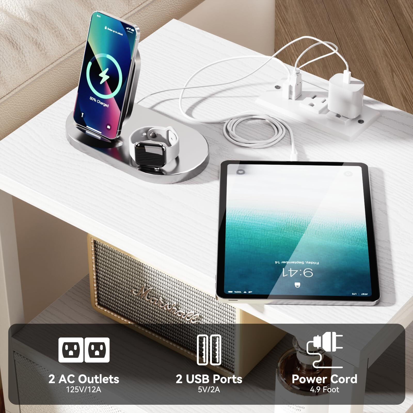 Furologee Nightstands Set Of 2, End Tables Set Of 2 With Charging Station And Led Lights, White Night Stands With 2 Fabric Drawers, Bedside Tables For Living Room/Bedroom