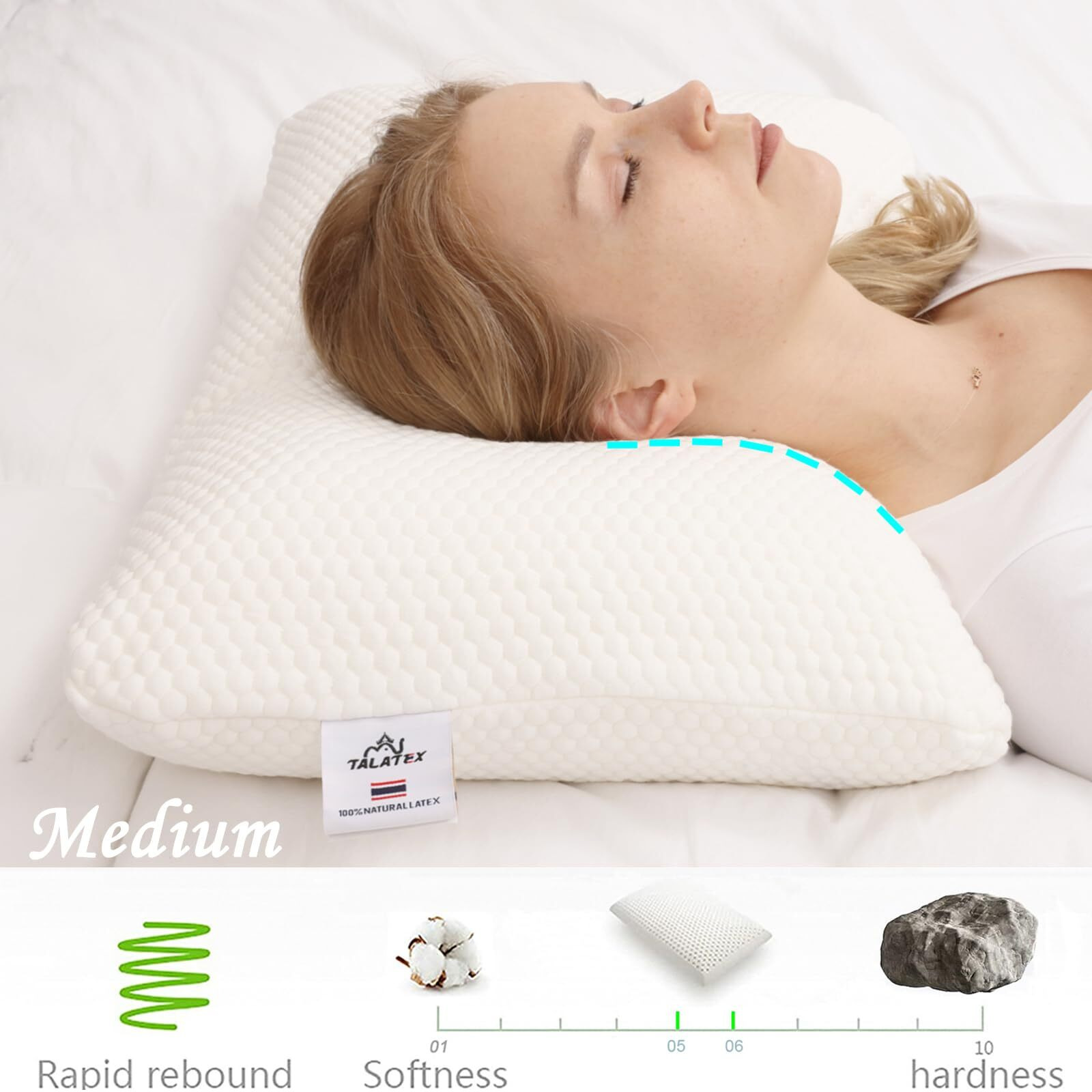 Talatex Talalay 100% Natural Premium Latex Pillow, Helps Relieve Pressure, No Memory Foam Chemicals, Perfect Package Best Gift With Removable Tencel Cover