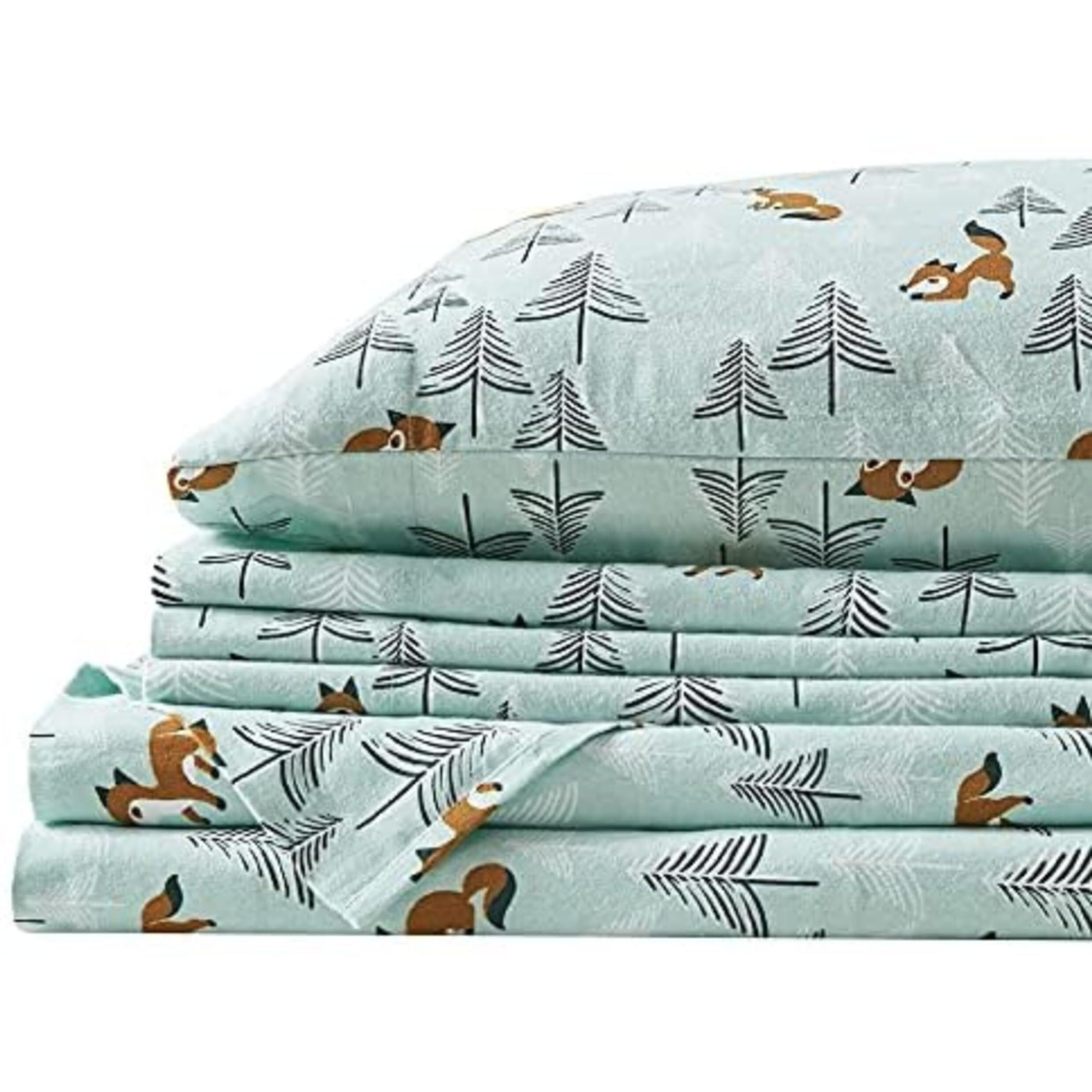 Comfort Spaces Cotton Flannel Breathable Warm, Deep Pocket Sheets With Pillow Case Bedding, Full, Seafoam Foxes 4 Piece