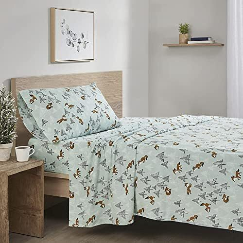 Comfort Spaces Cotton Flannel Breathable Warm, Deep Pocket Sheets With Pillow Case Bedding, Full, Seafoam Foxes 4 Piece