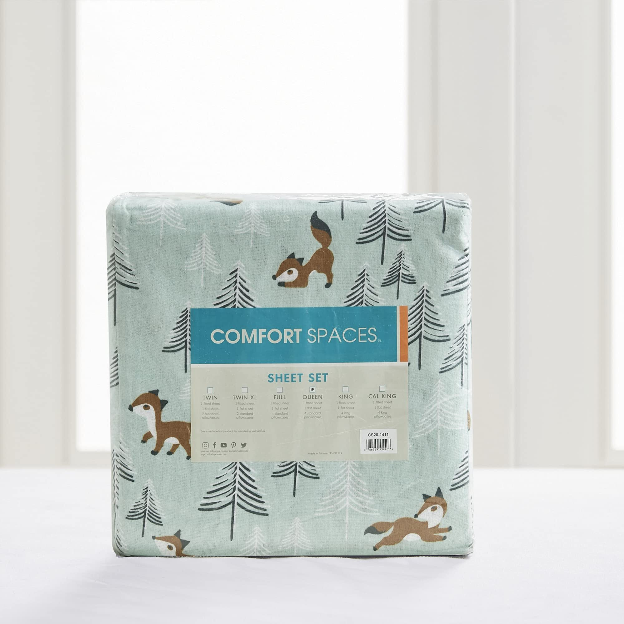 Comfort Spaces Cotton Flannel Breathable Warm, Deep Pocket Sheets With Pillow Case Bedding, Full, Seafoam Foxes 4 Piece