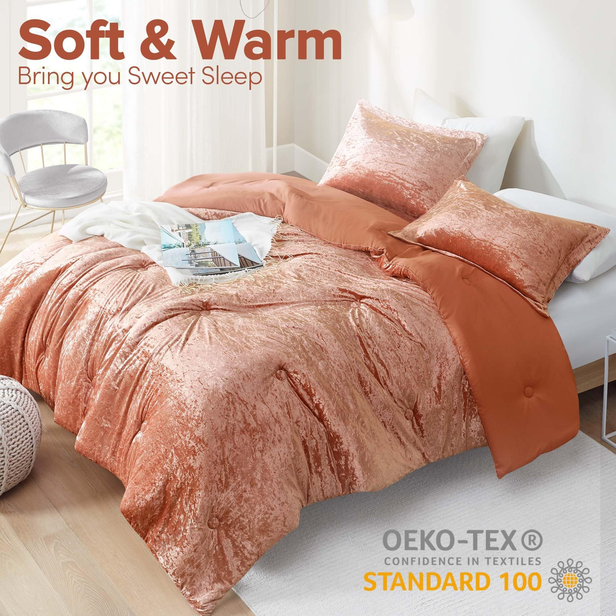 Comfort Spaces Luxe Queen Comforter Set Velvet Comforters For Queen Size Bed, Microfiber Reverse, Juliette, All Season Velvet Bedding Queen Size, Fluffy Bed Set, Sham, Full/Queen, Burnt Orange 3 Piece
