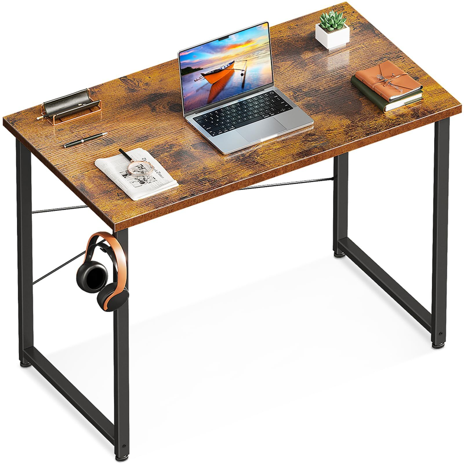 Casaottima 32 Inch Small Computer Desk For Home Office, Study Writing Table For Small Spaces, Simple Modern Desk With Headphone Hooks, Rustic Brown