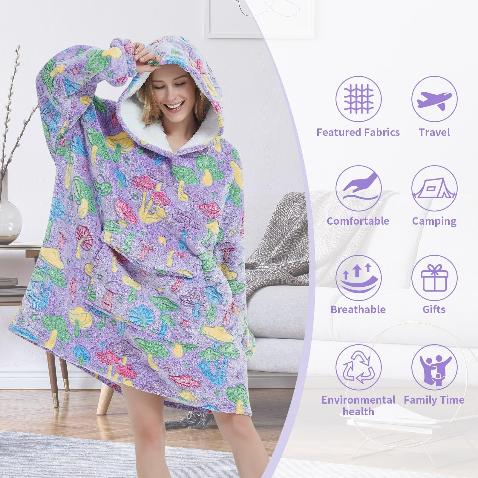 Fiosnow Glow In The Dark Mushroom Blanket Hoodies For Women And Men Adult Oversize Wearable Blanket Hoodies For Soft And Warm
