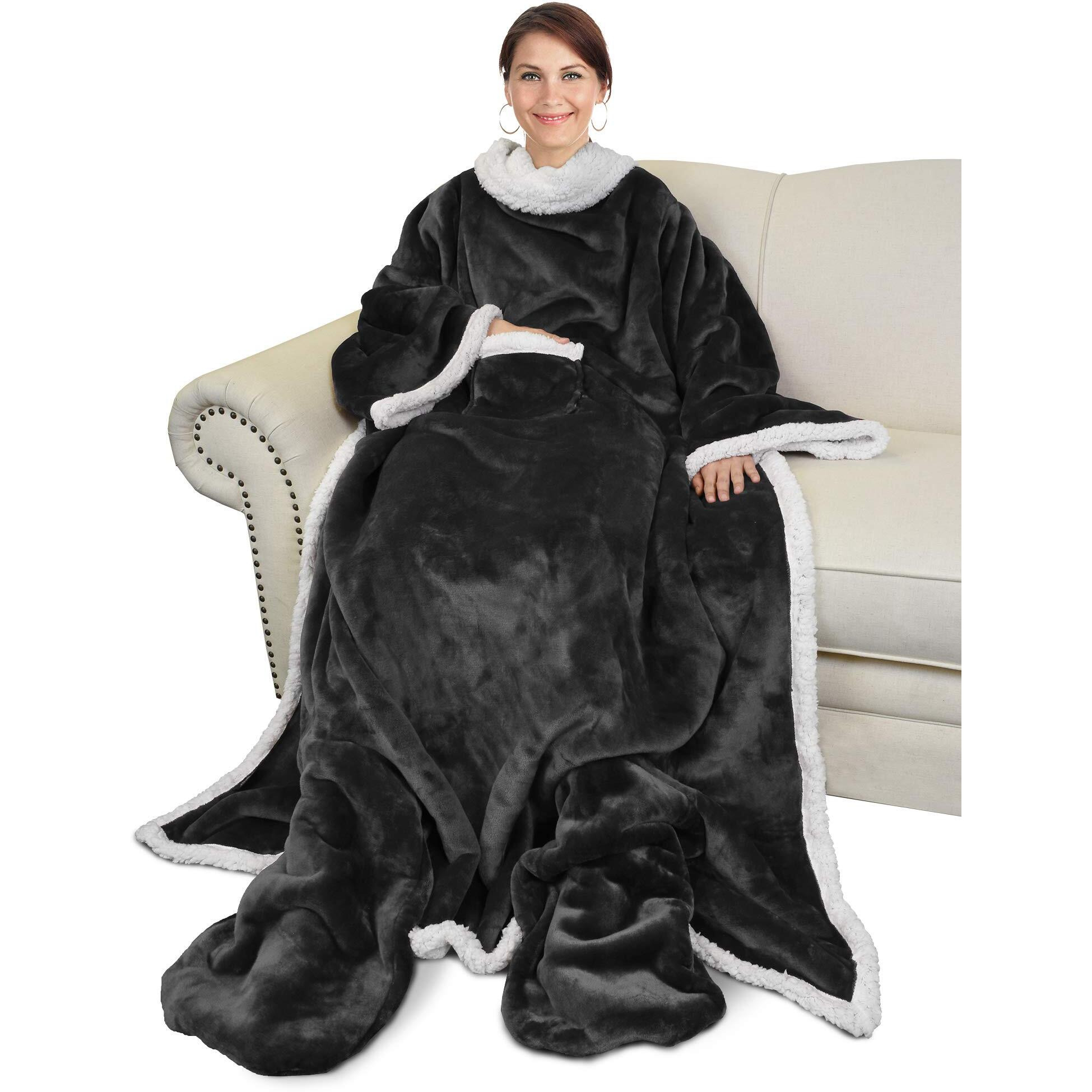 Catalonia Sherpa Wearable Blanket With Sleeves & Foot Pockets For Adult Women Men, Comfy Snuggle Wrap Sleeved Throw Blanket Robe, Gift Idea, Black