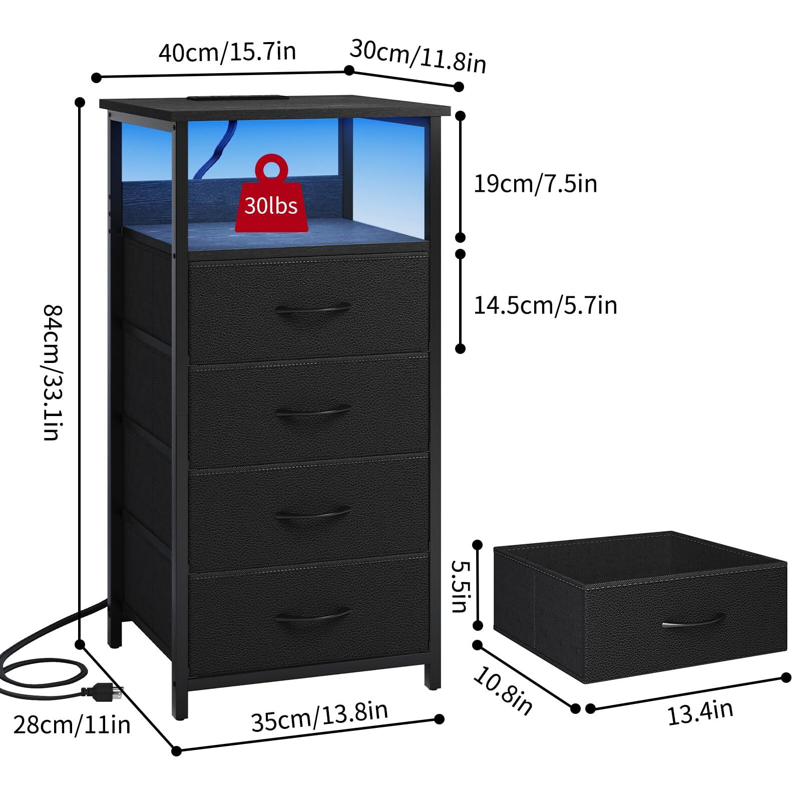 Fixwal Night Stand With Charging Station, Tall Nightstand With U-S-B Ports And Outlets, 4 Fabric Storage Drawers With Pu Finish, Small Dresser Bed Side Table, Black