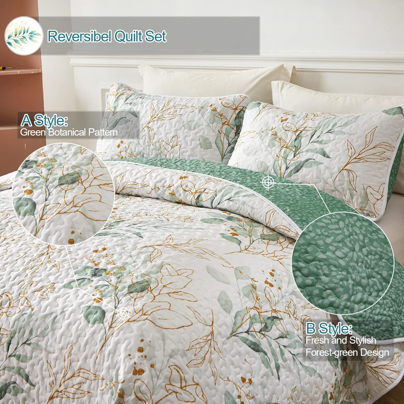 Anibedding Floral Quilt Queen Size,Green Botanical Queen Quilt 3 Pieces,Reversible Soft Bedspread Queen Size For All-Season(96"&quotX90"")
