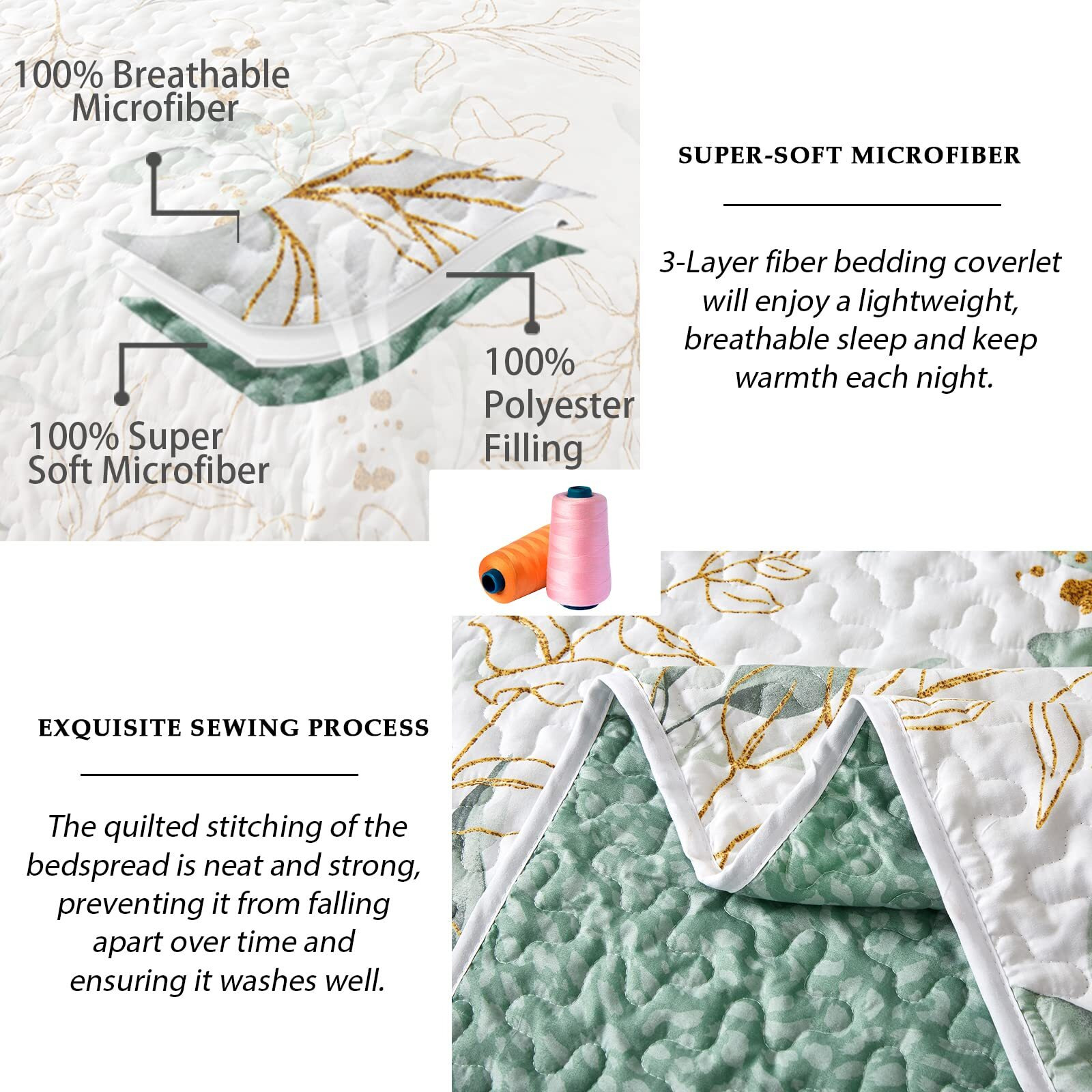 Anibedding Floral Quilt Queen Size,Green Botanical Queen Quilt 3 Pieces,Reversible Soft Bedspread Queen Size For All-Season(96"&quotX90"")