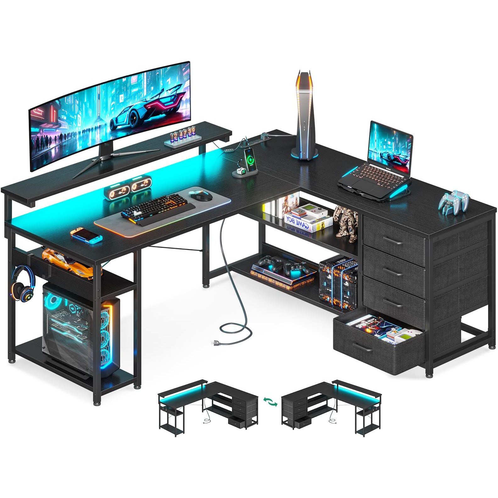Aodk 53"" L Shaped Desk With Drawer, Computer Desk With Power Outlets & Led Lights, Reversible Corner Gaming Desk For Home Office Workstation, Office Desk With Monitor Shelf, Pure Black
