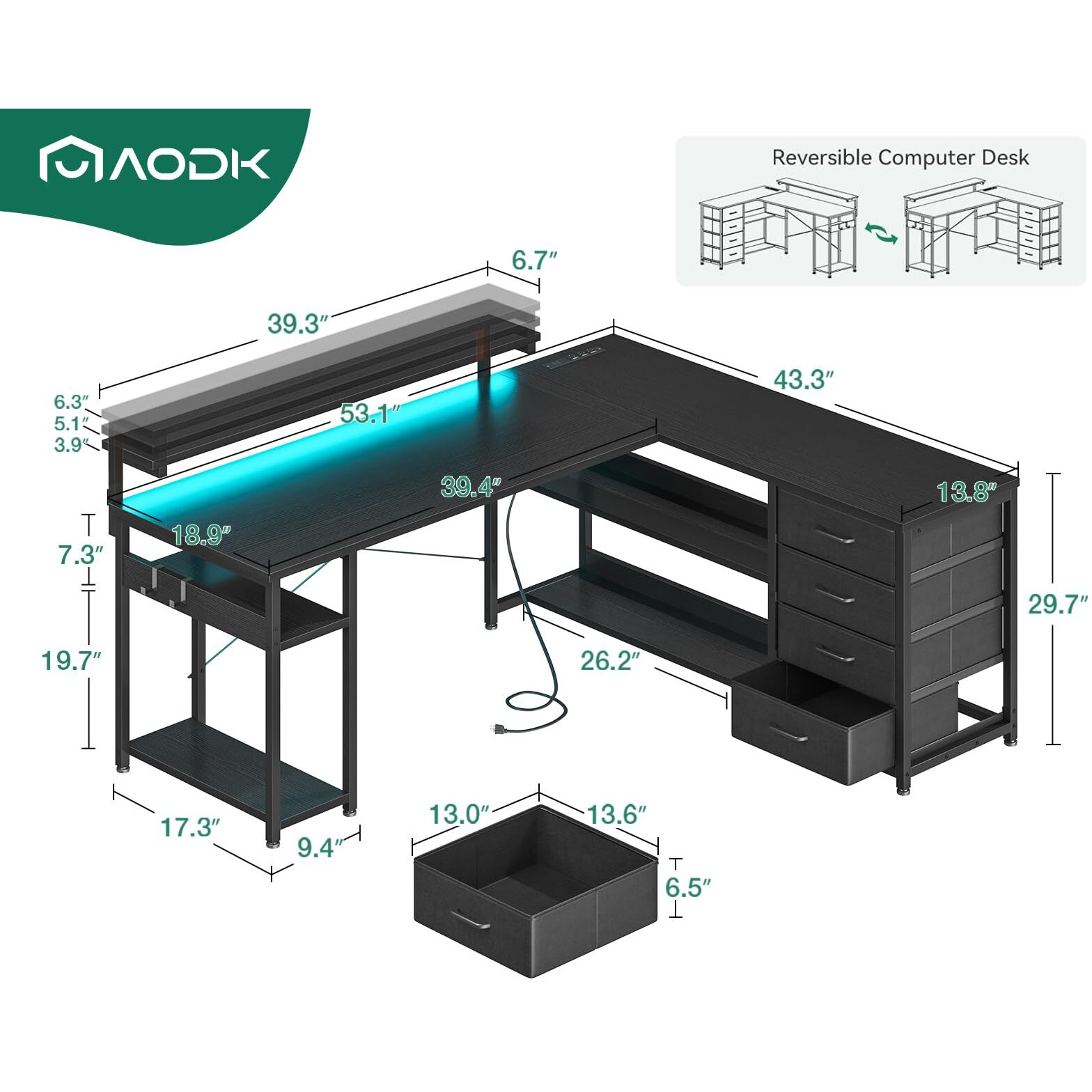 Aodk 53"" L Shaped Desk With Drawer, Computer Desk With Power Outlets & Led Lights, Reversible Corner Gaming Desk For Home Office Workstation, Office Desk With Monitor Shelf, Pure Black