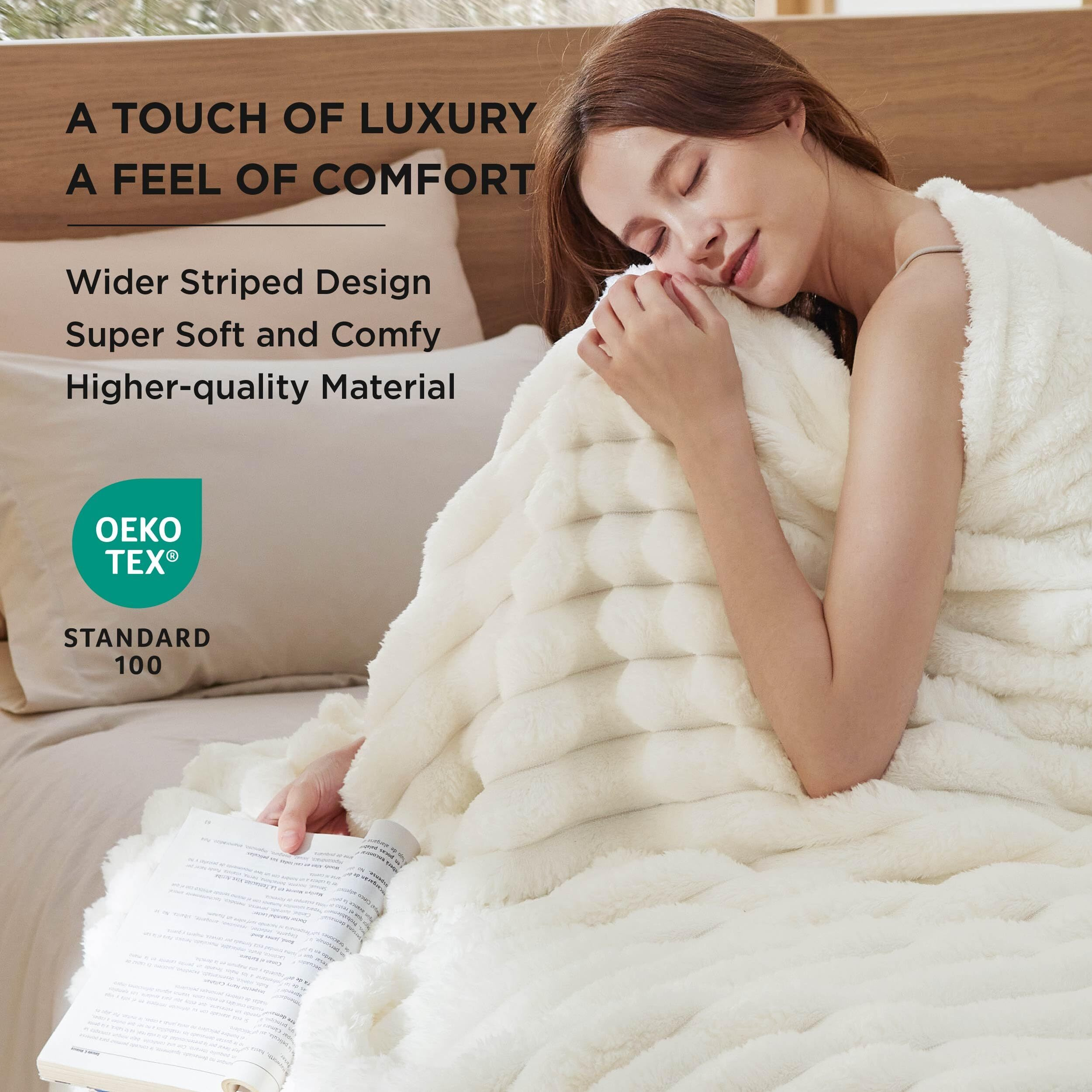 Bedsure Blankets Queen Size For Bed - Super Soft Cozy Blankets For Women, Cute Large Fleece Blanket For Girls, White,90X90 Inches, Wider Striped Design