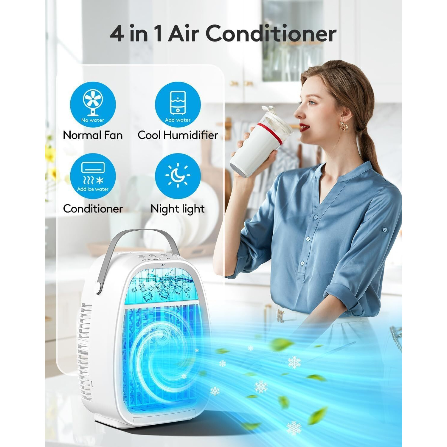 Ai Portable Air Conditioners Fan,Tytab Evaporative Mini Air Conditioner,Portable Ac Air Cooler With 4 In 1 Humidifier Fan Conditioner 7 Colors Light, 3 Speed Ac Portable For Bedroom Room Office Desk