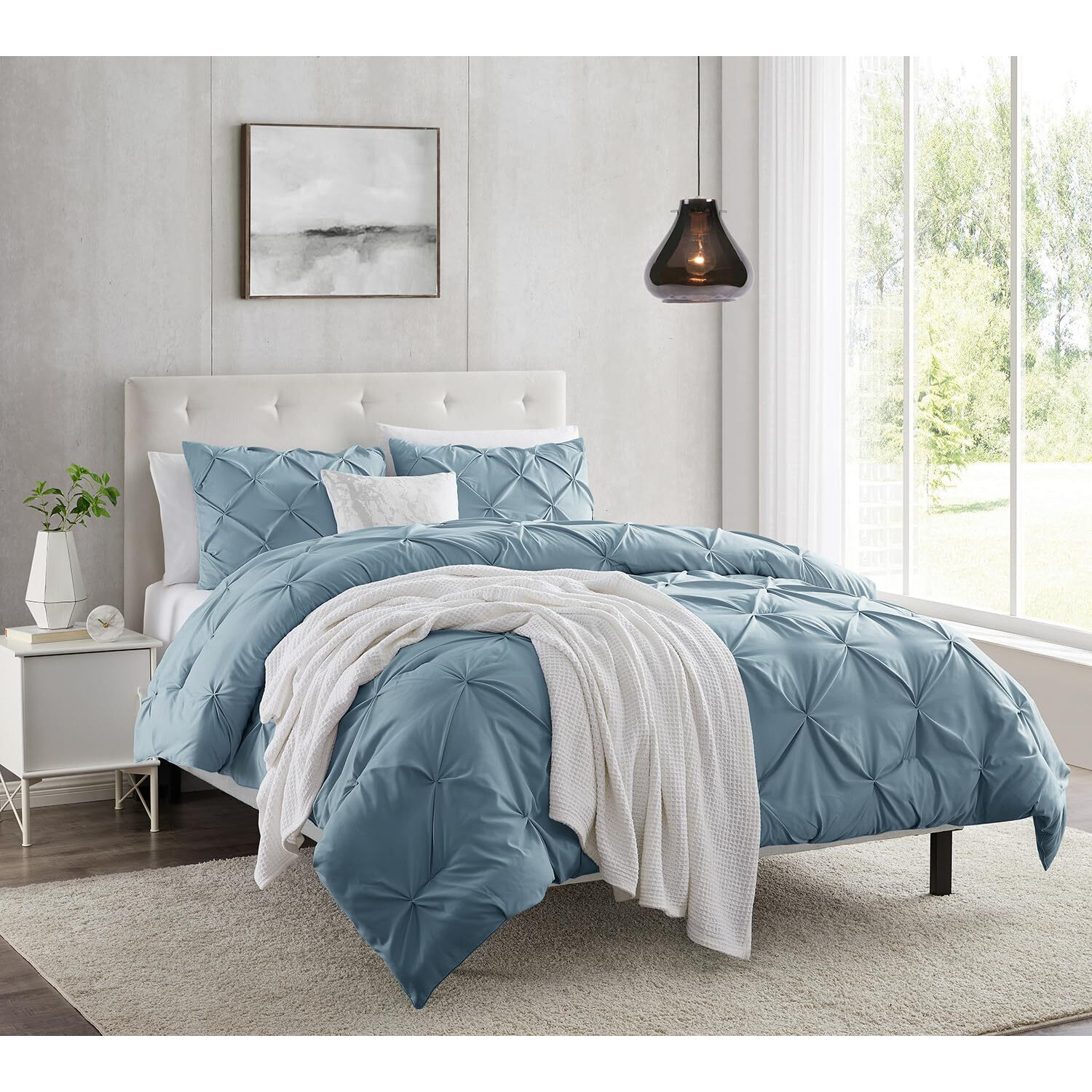 Nestl Stone Blue Duvet Cover Queen Size - Pintuck Queen Duvet Cover Set, 3 Piece Double Brushed Duvet Covers With Button Closure, 1 Pinch Pleated Duvet Cover 90X90 Inches And 2 Pillow Shams