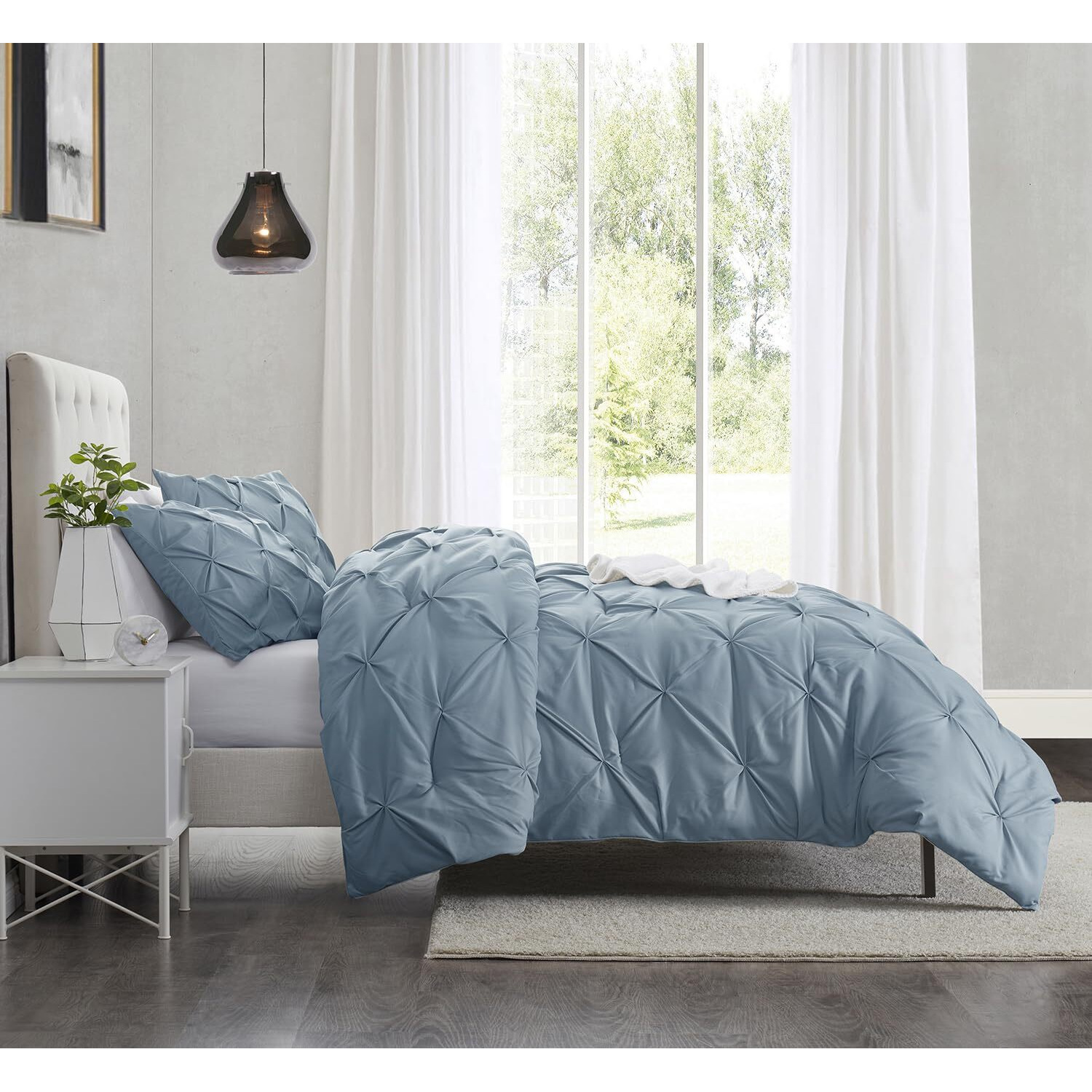Nestl Stone Blue Duvet Cover Queen Size - Pintuck Queen Duvet Cover Set, 3 Piece Double Brushed Duvet Covers With Button Closure, 1 Pinch Pleated Duvet Cover 90X90 Inches And 2 Pillow Shams