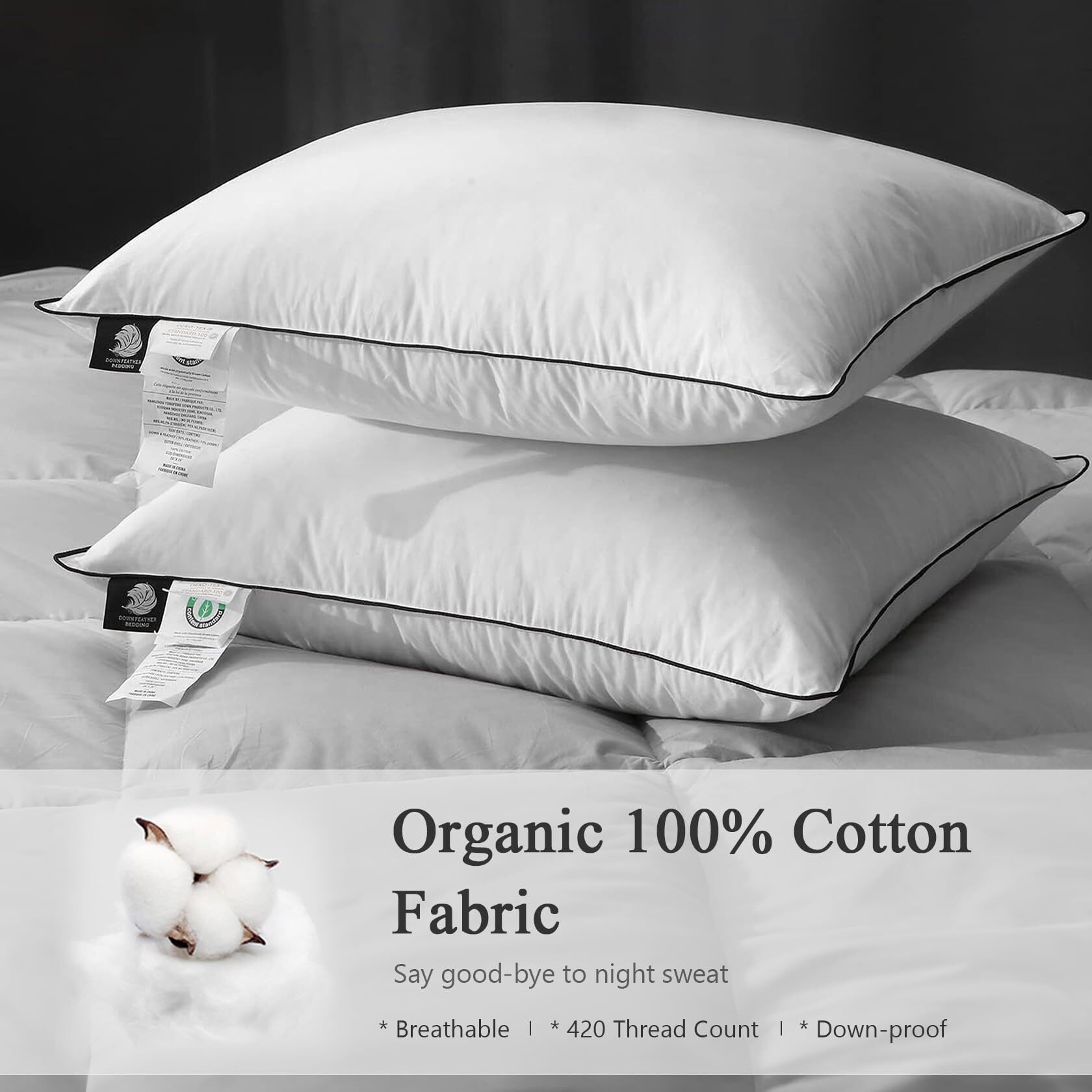 Dwr Goose Feather Down Pillow For Sleeping 2 Pack, Queen Size Organic Cotton Hotel-Style Bed Pillow Inserts, Soft Medium Pillow For Stomach And Back Sleeper (20X30, Set Of 2)