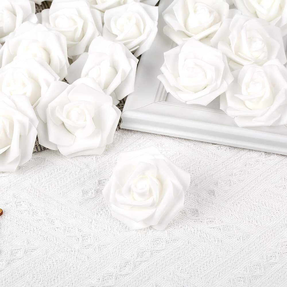Insunsix Artificial Rose Flowers,100 Pcs Foam Rose Bulk White Fake Flower Heads For Diy Wedding Bouquets Rose Wall Kissing Balls Bridal Shower Centerpieces Arrangements Party Tables Decorations(White)
