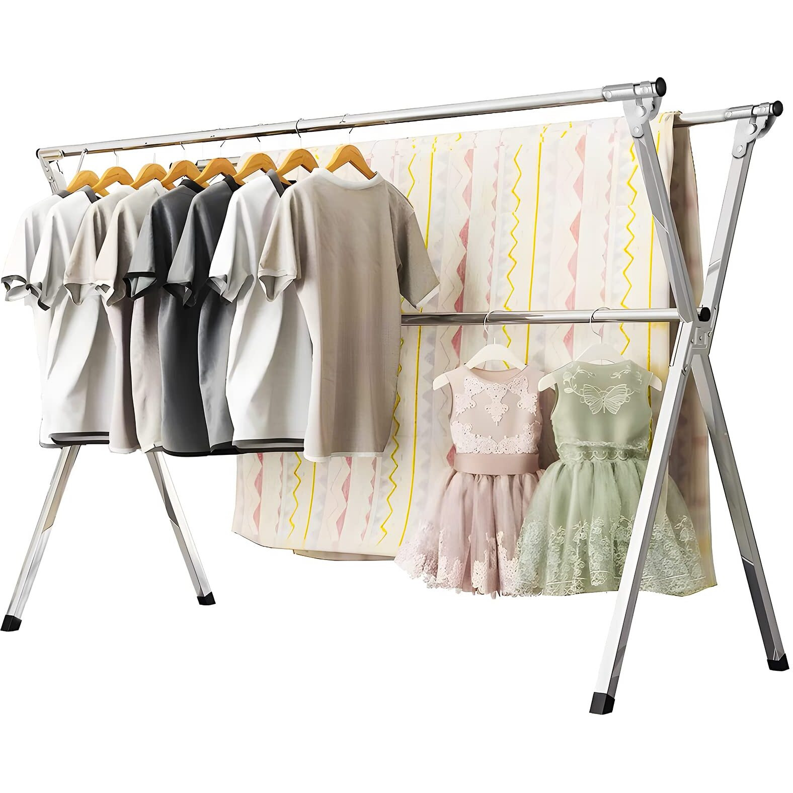 Uryan 63 Inches Clothes Drying Rack, Heavy Duty Stainless Steel Laundry Drying Rack Folding Indoor Outdoor, Portable Drying Rack Clothing, Free-Standing Laundry Stand With 20 Windproof Hooks