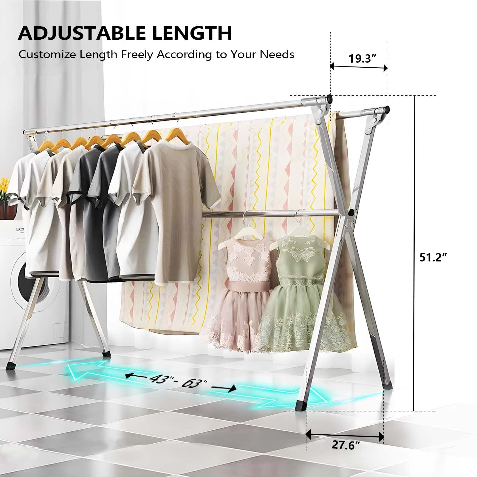 Uryan 63 Inches Clothes Drying Rack, Heavy Duty Stainless Steel Laundry Drying Rack Folding Indoor Outdoor, Portable Drying Rack Clothing, Free-Standing Laundry Stand With 20 Windproof Hooks