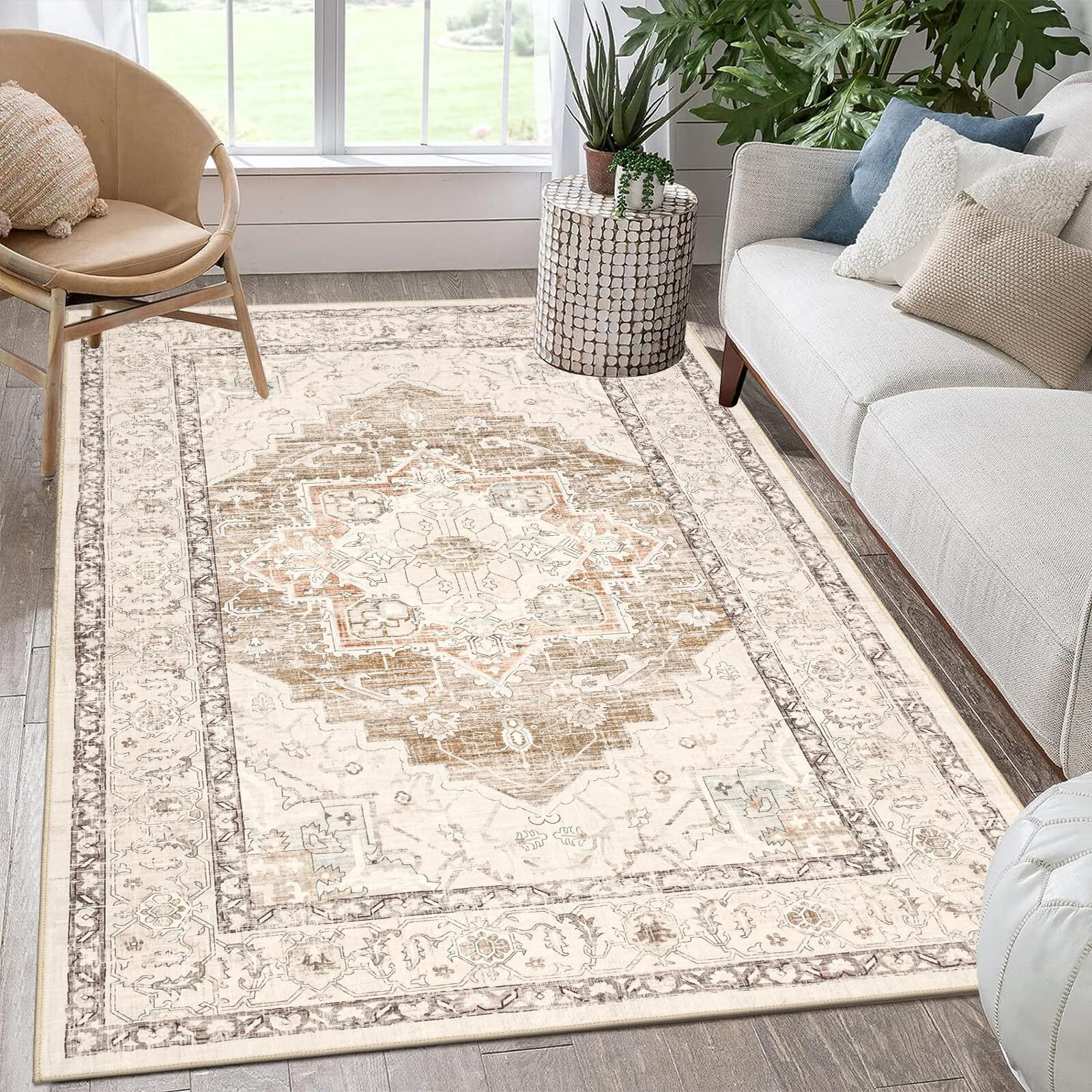 Pauwer Boho Area Rug 3X5, Large Washable Rugs For Living Room,Vintage Non Slip Bedroom Area Rugs, Ultra Soft Throw Rugs Low-Pile Floor Carpet Rug For Entryway Dining Room Dorm, Ivory Coffee