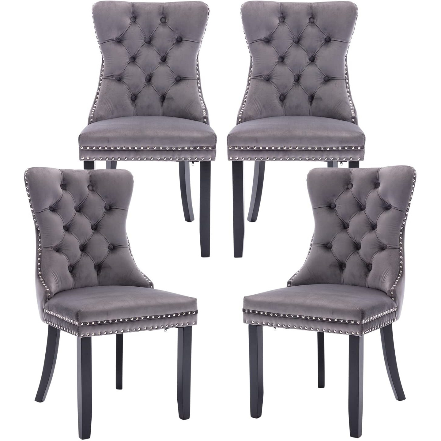 Kiztir Velvet Dining Chairs Set Of 4, Upholstered Dining Chairs With Ring Pull Trim And Button Back, Luxury Tufted Dining Chair For Living Room, Bedroom, Kitchen (Gray)