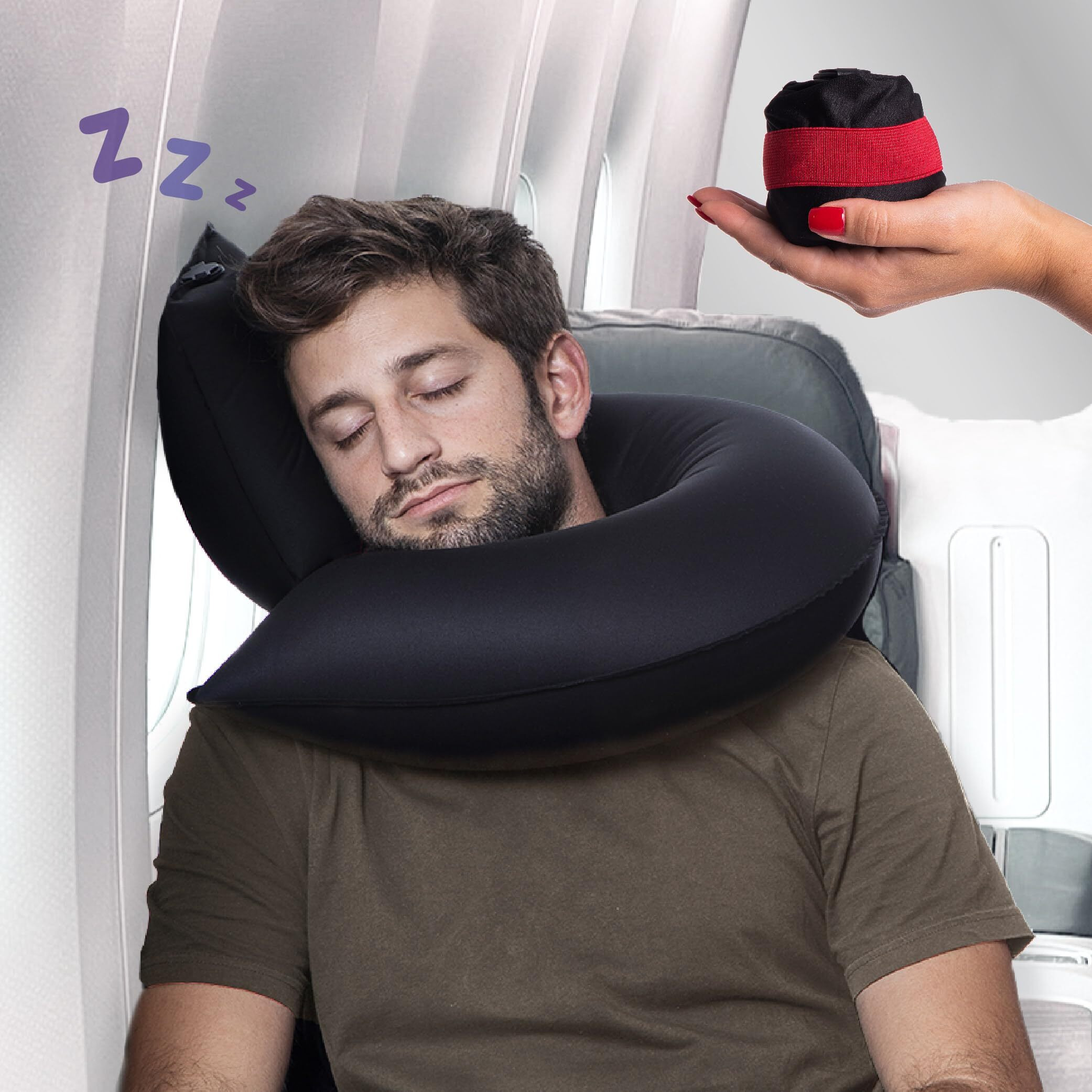 Inflatable Travel Pillows For Airplanes, Car & Home, New J-Design, Neck And Chin Support, Firmness Adjustable. Inflatable Neck Pillow For Traveling On Plane, Blow Up Neck Pillows For Air Travel