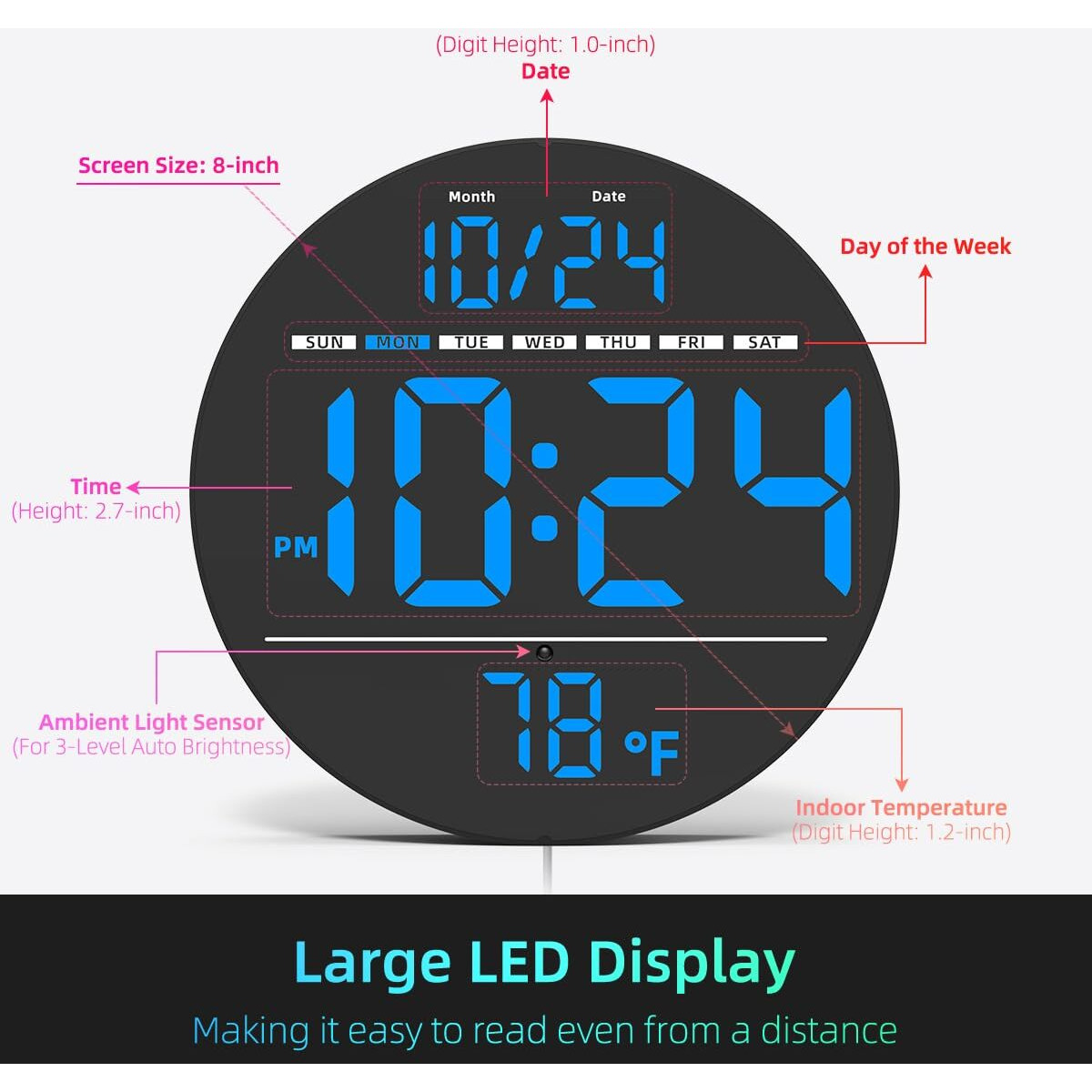 Digital Wall Clock With Large Led Display, Auto-Brightness, Temperature, Low-Reflectivity, Small Silent Non-Ticking Modern Electric Wall Clock For Bedroom, Living Room, Office, Classroom, Farmhouse