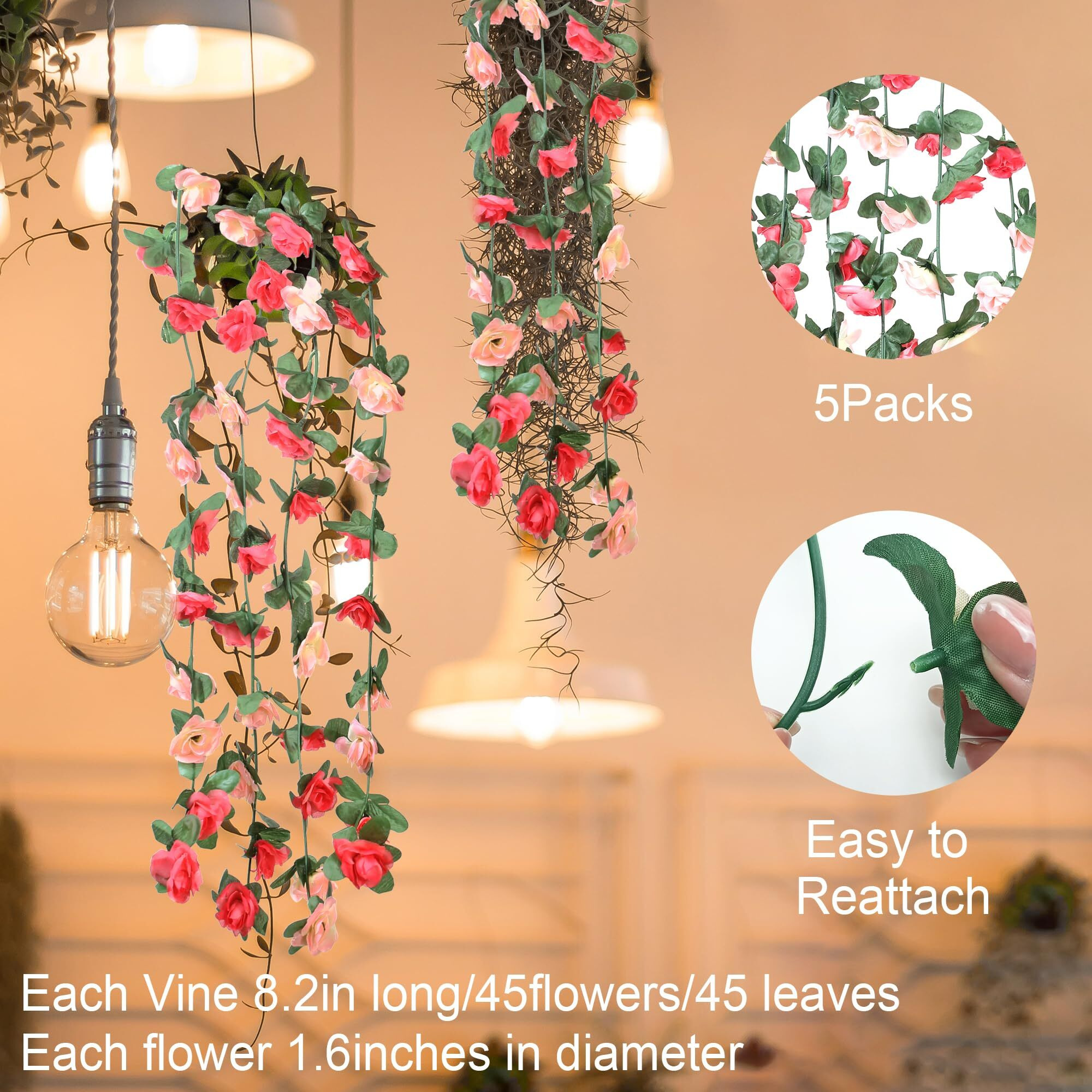 Situmeizi 5Pcs 41Ft Pink Flower Garland Artificial Rose Vine Fake Flower Vines Hanging Roses Ivy Floral Spring Garland Garland For Room Wedding Brithday Anniversary Party Arch Wall Decor