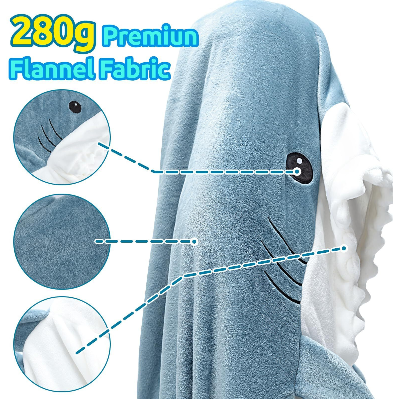 Touchat Shark Blanket Hoodie Onesie, Wearable Blanket Hoodie Adult, Warm Flannel Throw Blanket Shark Tail Sleeping Bag, Cartoon Costume Shark Onesie Funny Gifts For Adults (Blue, Xl)