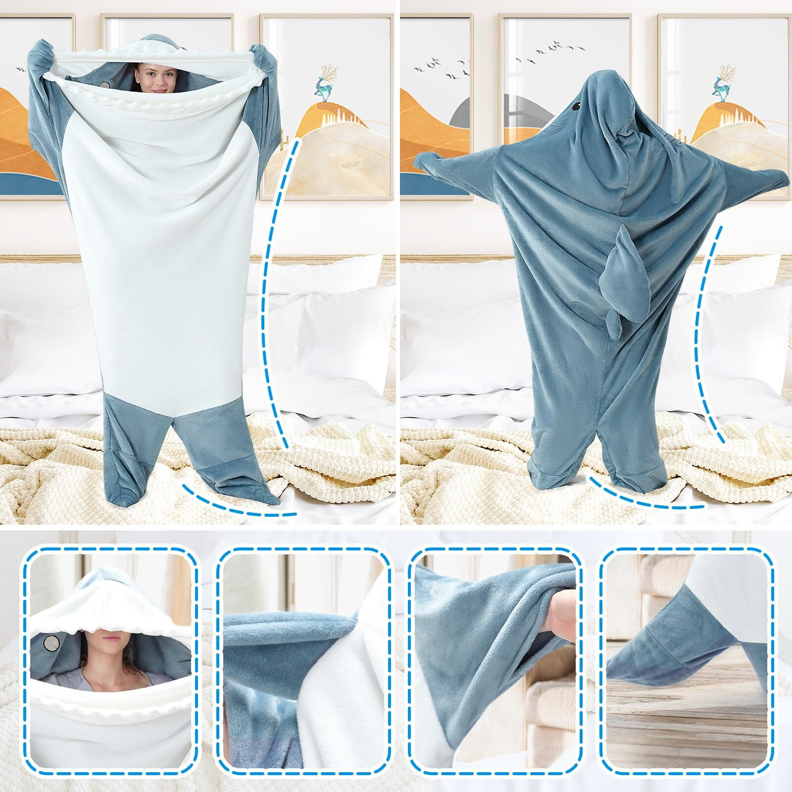 Touchat Shark Blanket Hoodie Onesie, Wearable Blanket Hoodie Adult, Warm Flannel Throw Blanket Shark Tail Sleeping Bag, Cartoon Costume Shark Onesie Funny Gifts For Adults (Blue, Xl)