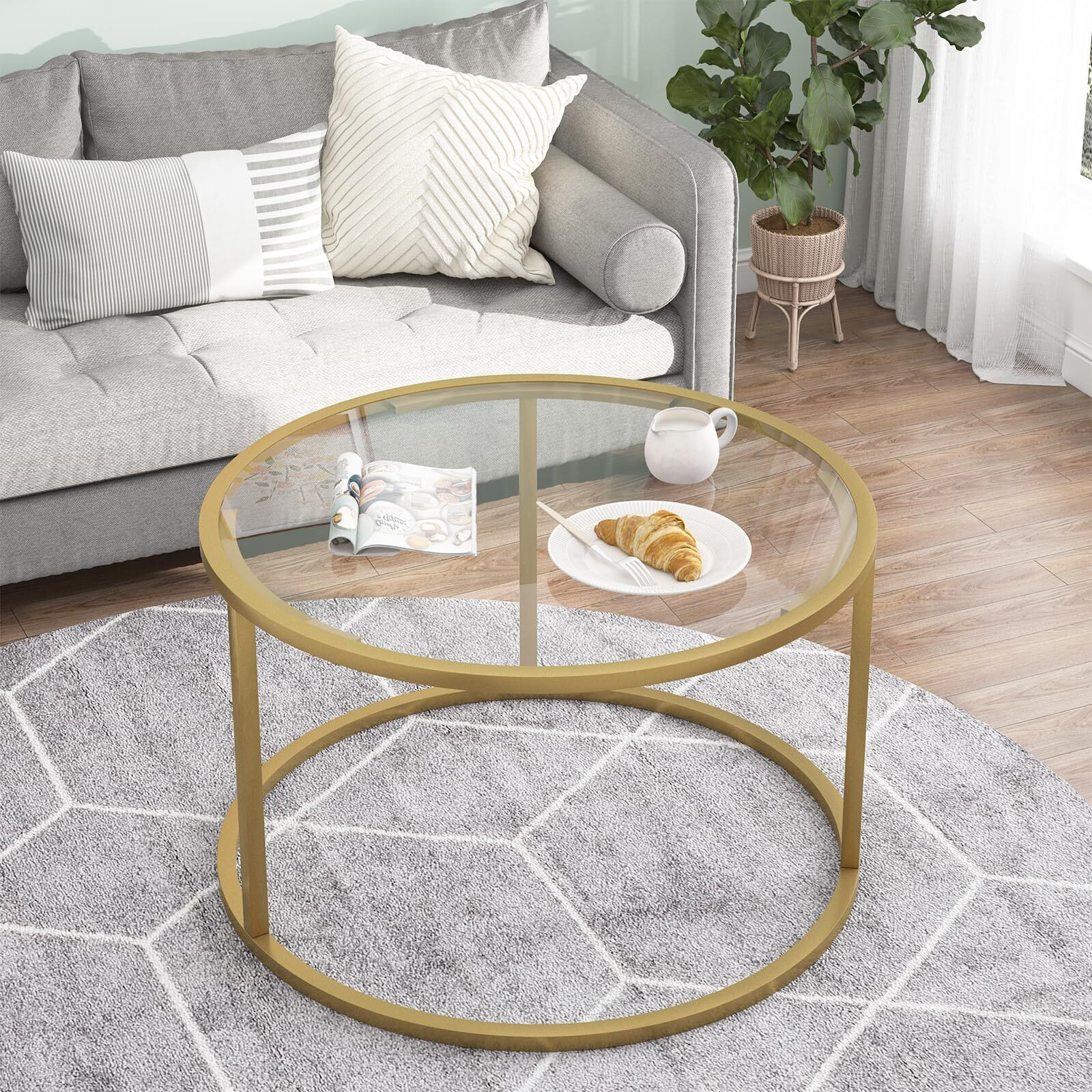 Glass Coffee Table,Round Gold Coffee Table For Small Space,27"" Modern Center Table,Glass Top Clear Coffee Table With Sturdy Metal Frame For For Living Room Home Office, Easy Assembly