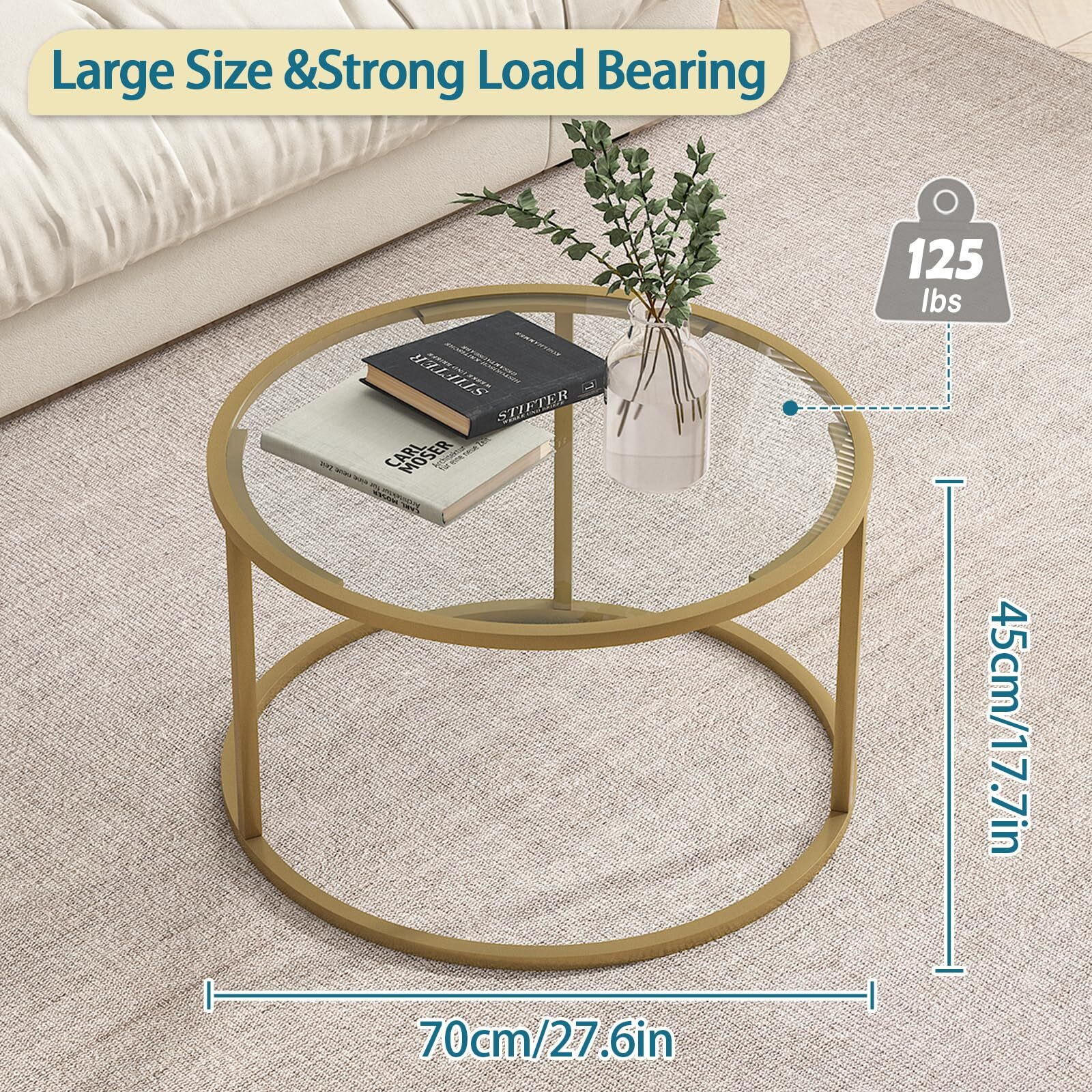 Glass Coffee Table,Round Gold Coffee Table For Small Space,27"" Modern Center Table,Glass Top Clear Coffee Table With Sturdy Metal Frame For For Living Room Home Office, Easy Assembly