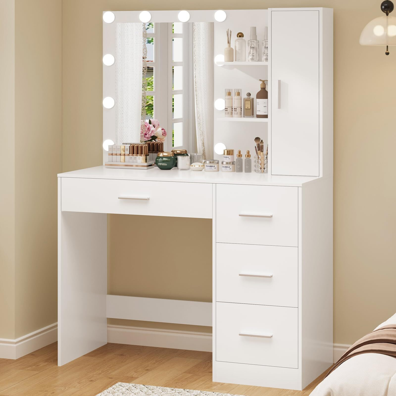 Usikey Makeup Vanity With Lights, Vanity Desk With Mirror And 10 Led Lights, Vanity Table Set With 4 Drawers, Cabinet & 4 Necklace Hooks, Dressing Table For Bedroom, White