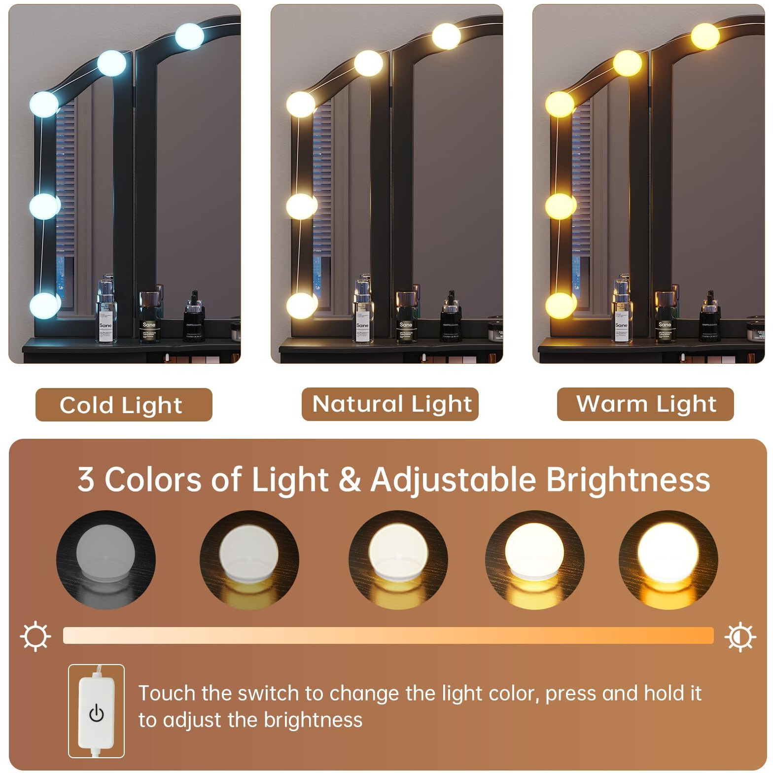 Tiptiper Makeup Vanity With Lights, Vanity Desk With 10 Light Bulbs & 3 Color Lighting Modes, Vanity Table With 5 Drawers And Cushioned Stool, Makeup Table With Tri-Fold Mirror For Women Girls, Black