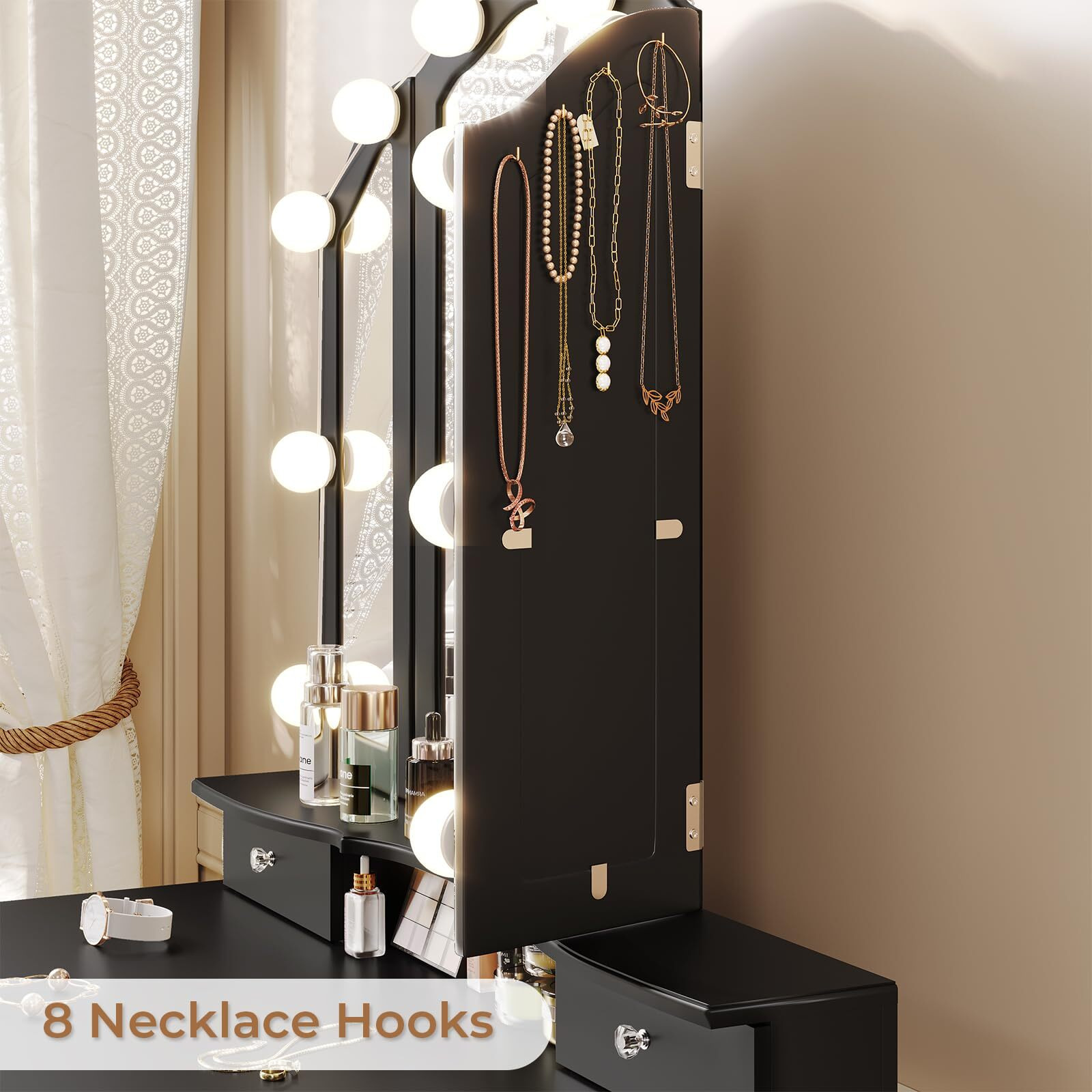 Tiptiper Makeup Vanity With Lights, Vanity Desk With 10 Light Bulbs & 3 Color Lighting Modes, Vanity Table With 5 Drawers And Cushioned Stool, Makeup Table With Tri-Fold Mirror For Women Girls, Black