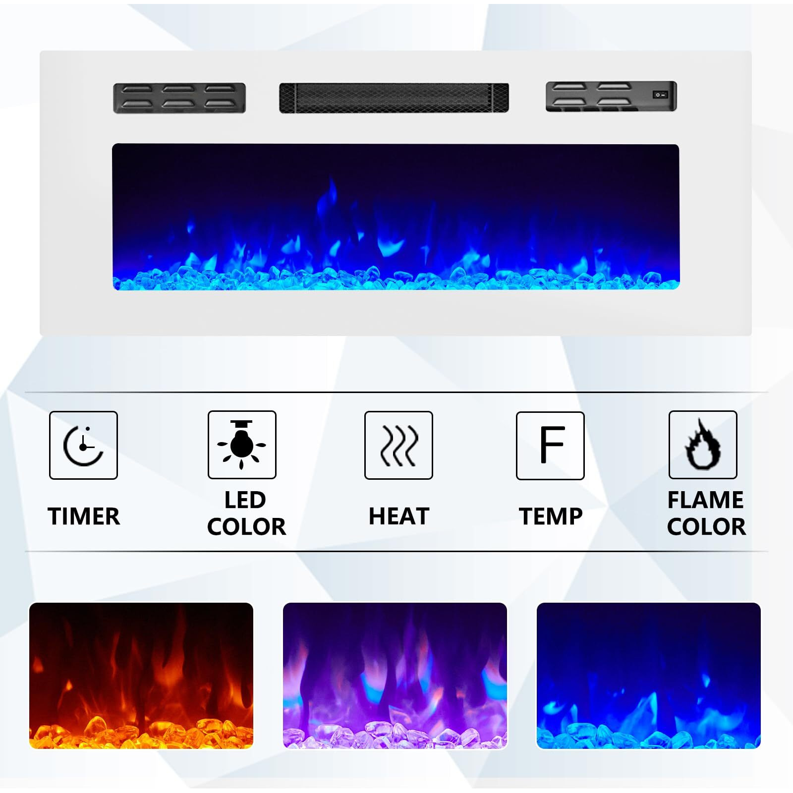 Amerlife Floating Tv Stand With 36"" Electric Fireplace, High Gloss Finish Wall Mounted Fireplace Entertainment Center With Storage For Tvs Up To 78"", All White