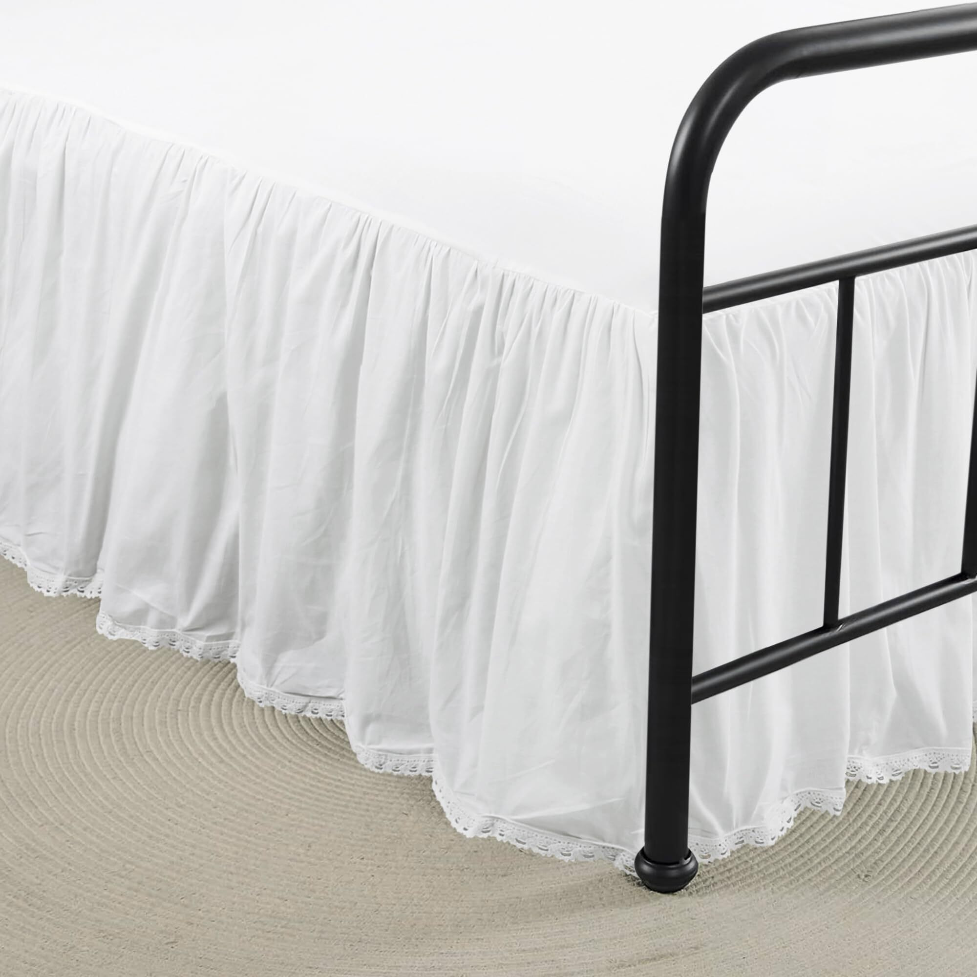 Vlocemon Lightweight 100% Cotton Dust Ruffle, Queen Size 21"" Drop White Ruffled Bed Skirt, Crochet Edge, French Country Style With Split Corners, Easy Fit And Soft
