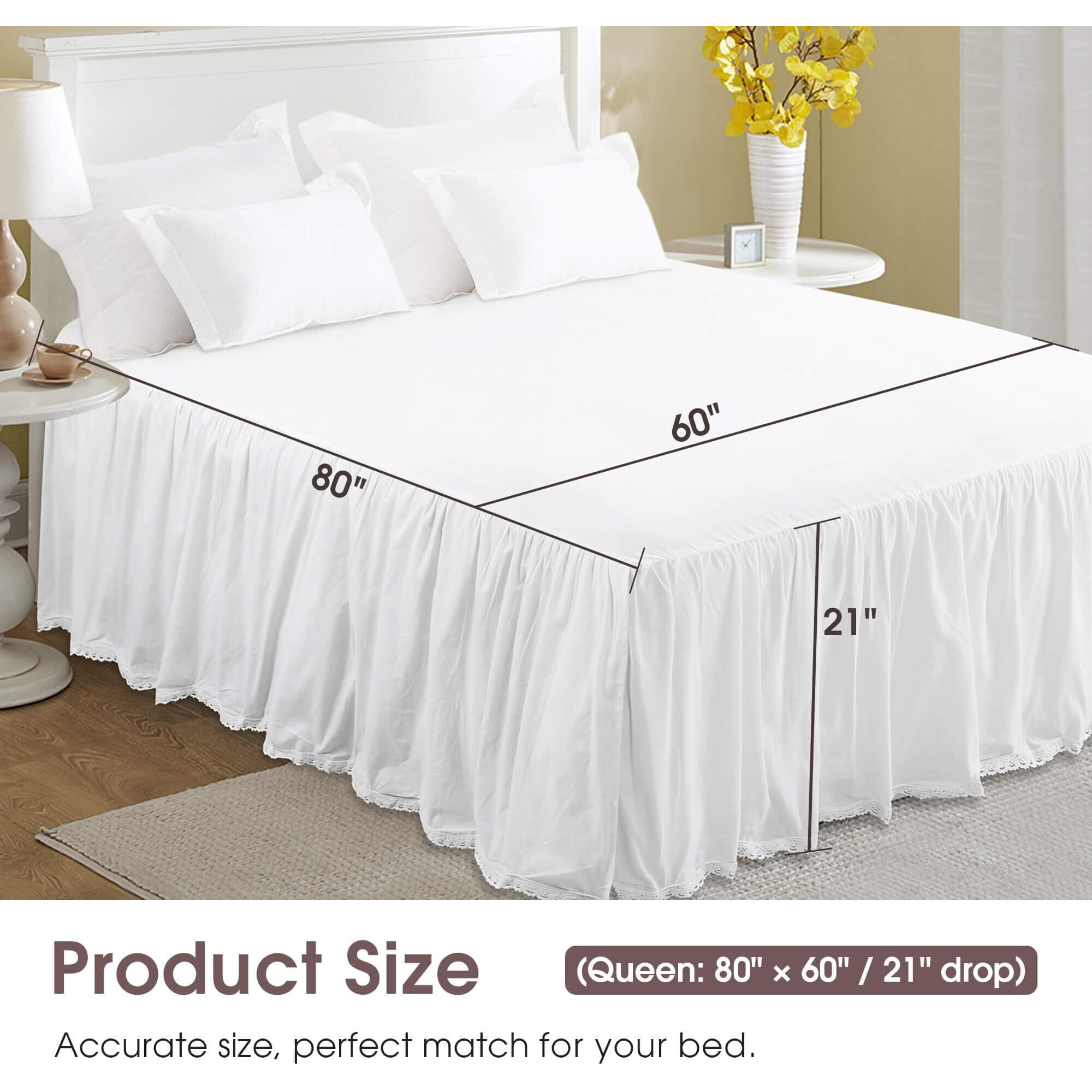 Vlocemon Lightweight 100% Cotton Dust Ruffle, Queen Size 21"" Drop White Ruffled Bed Skirt, Crochet Edge, French Country Style With Split Corners, Easy Fit And Soft
