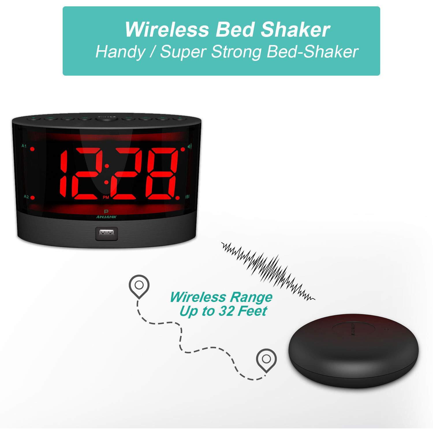 Anjank Extra Loud Alarm Clock With Wireless Bed Shaker, Vibrating Dual Alarm For Heavy Sleepers, Deaf And Hearing-Impaired, Adjustable Volume/Dimmer/Wake Up Mode, Usb Charger Port